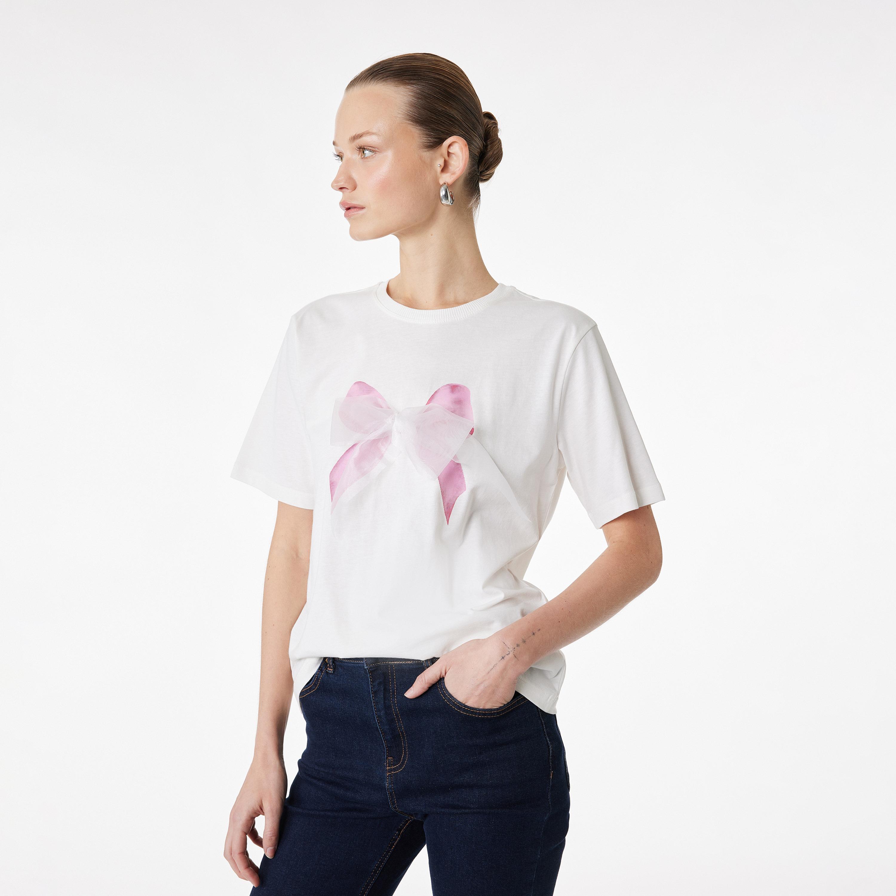 KOTON White 3D Bow Cotton Women's T-Shirt-women-clothing-tshirts-image-1