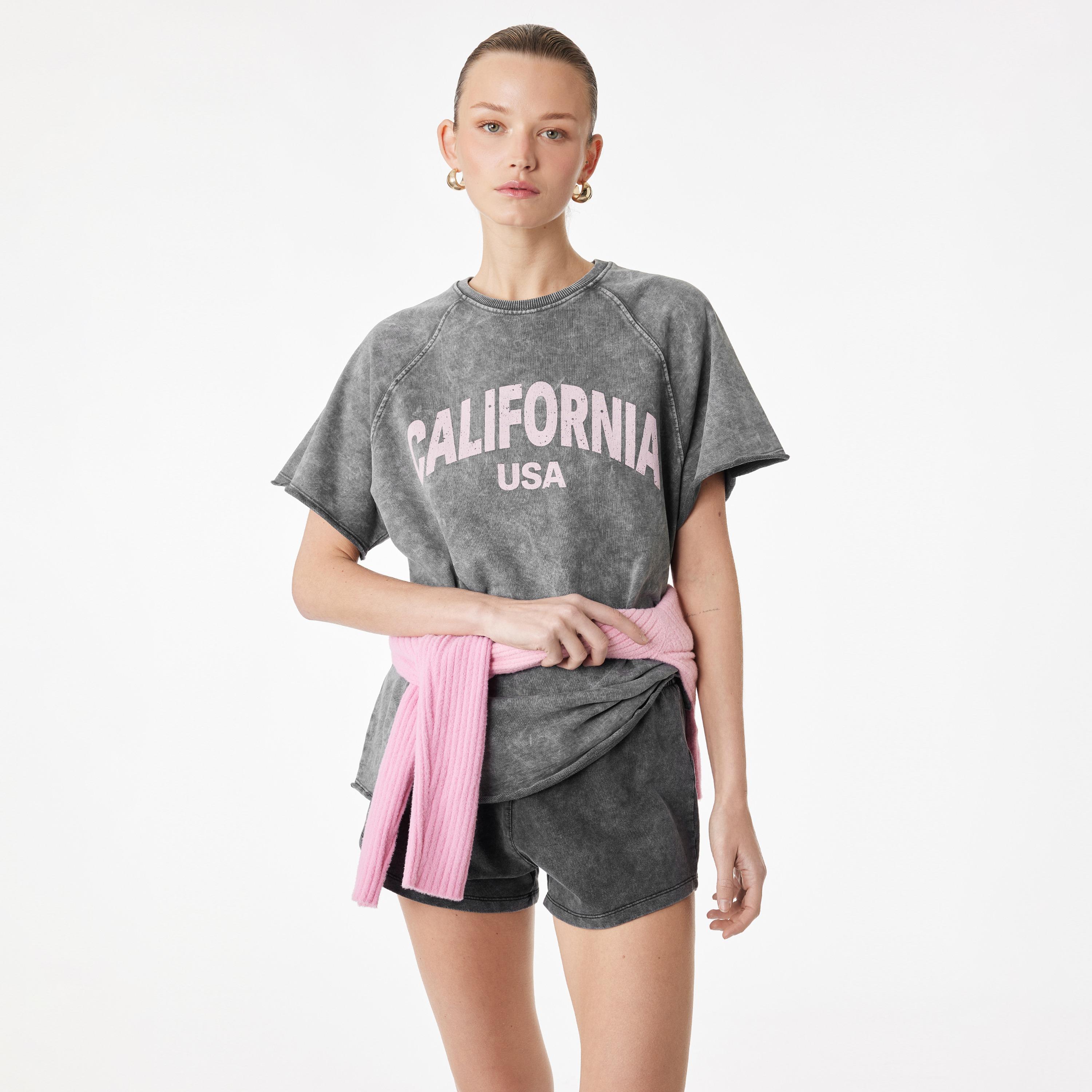 KOTON Grey Vintage Washed Text-Print Cotton Raglan Sleeves Women's T-Shirt-women-clothing-tshirts-image-2