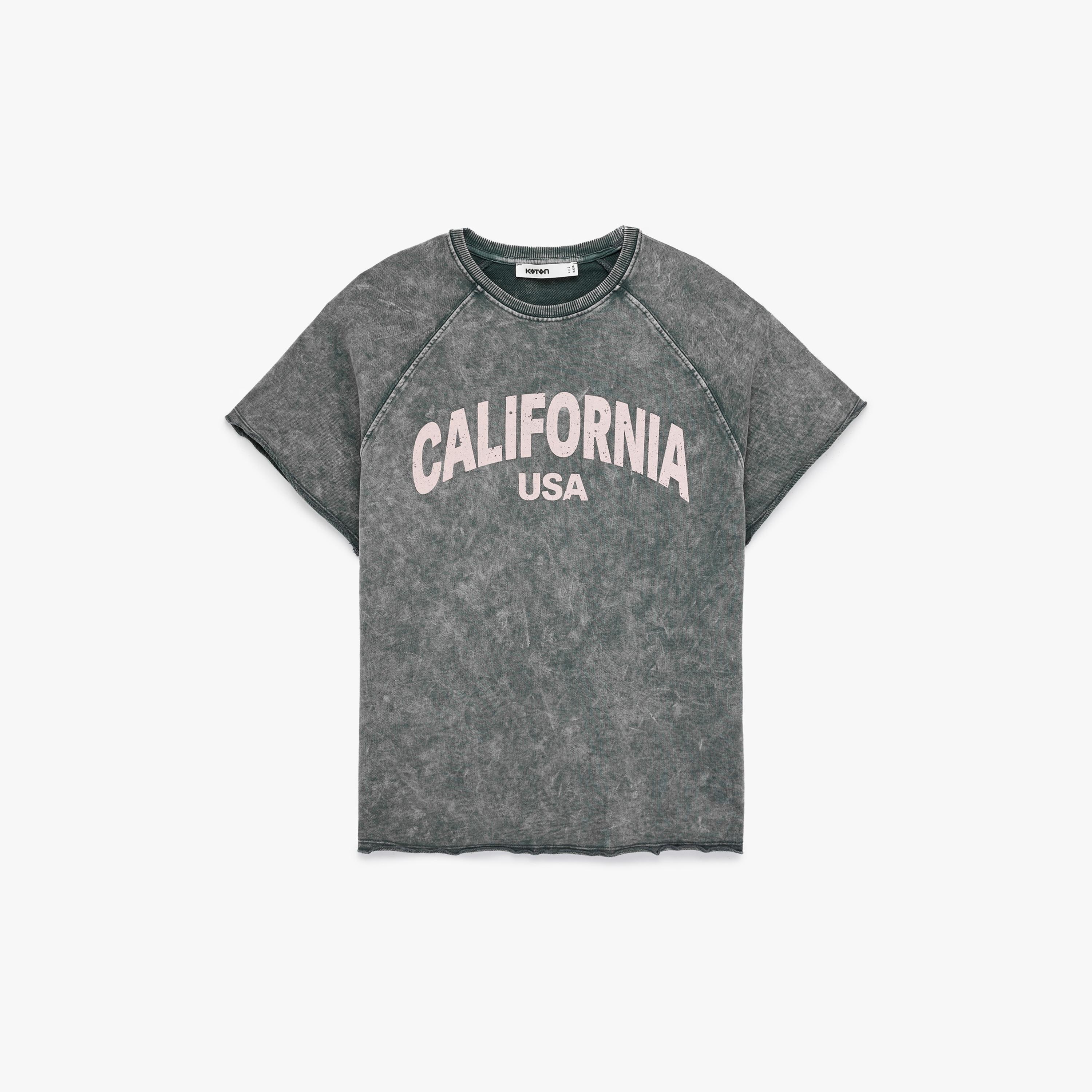 KOTON Grey Vintage Washed Text-Print Cotton Raglan Sleeves Women's T-Shirt-women-clothing-tshirts-image-3