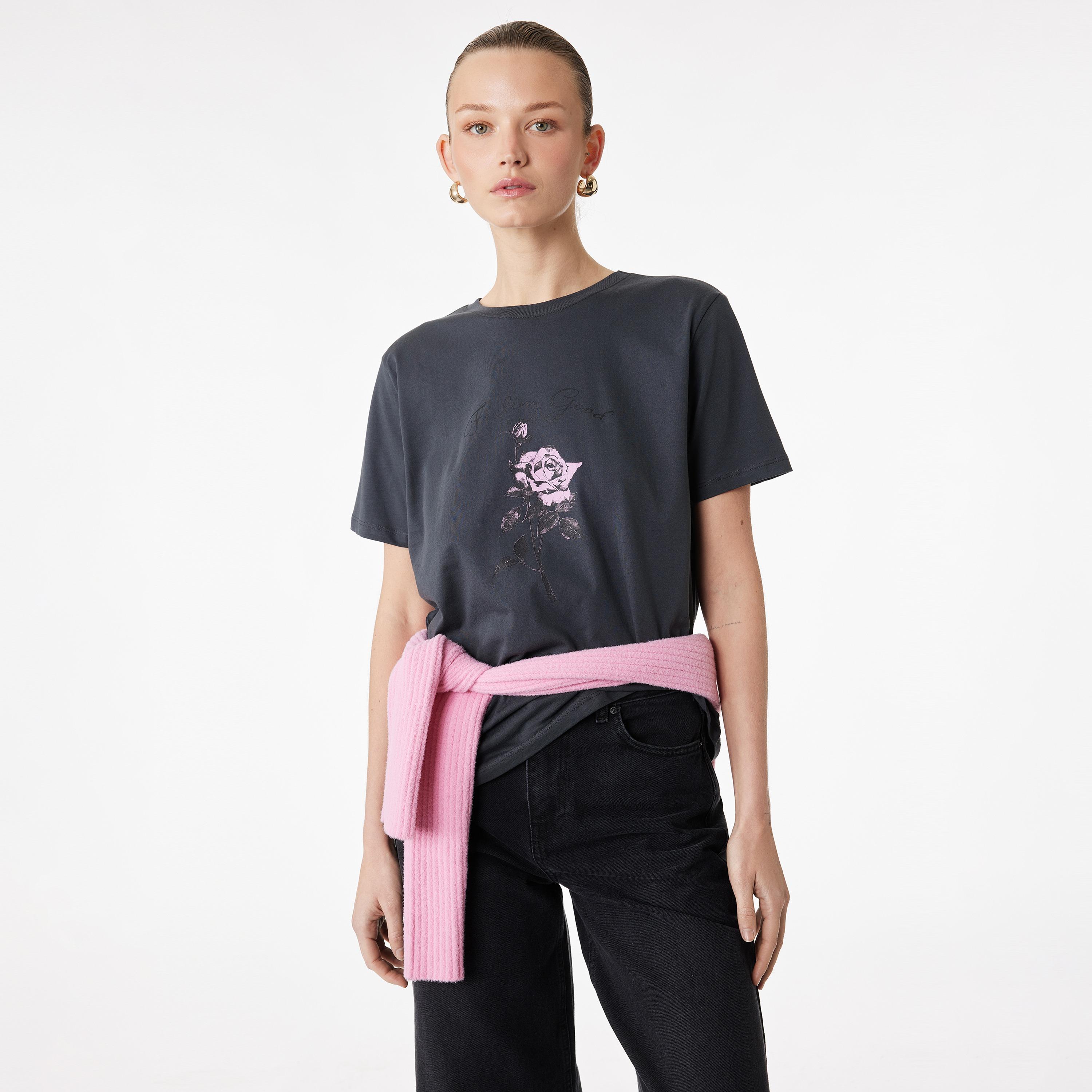 KOTON Charcoal Graphic Floral Print Cotton Women's T-Shirt-women-clothing-tshirts-image-1