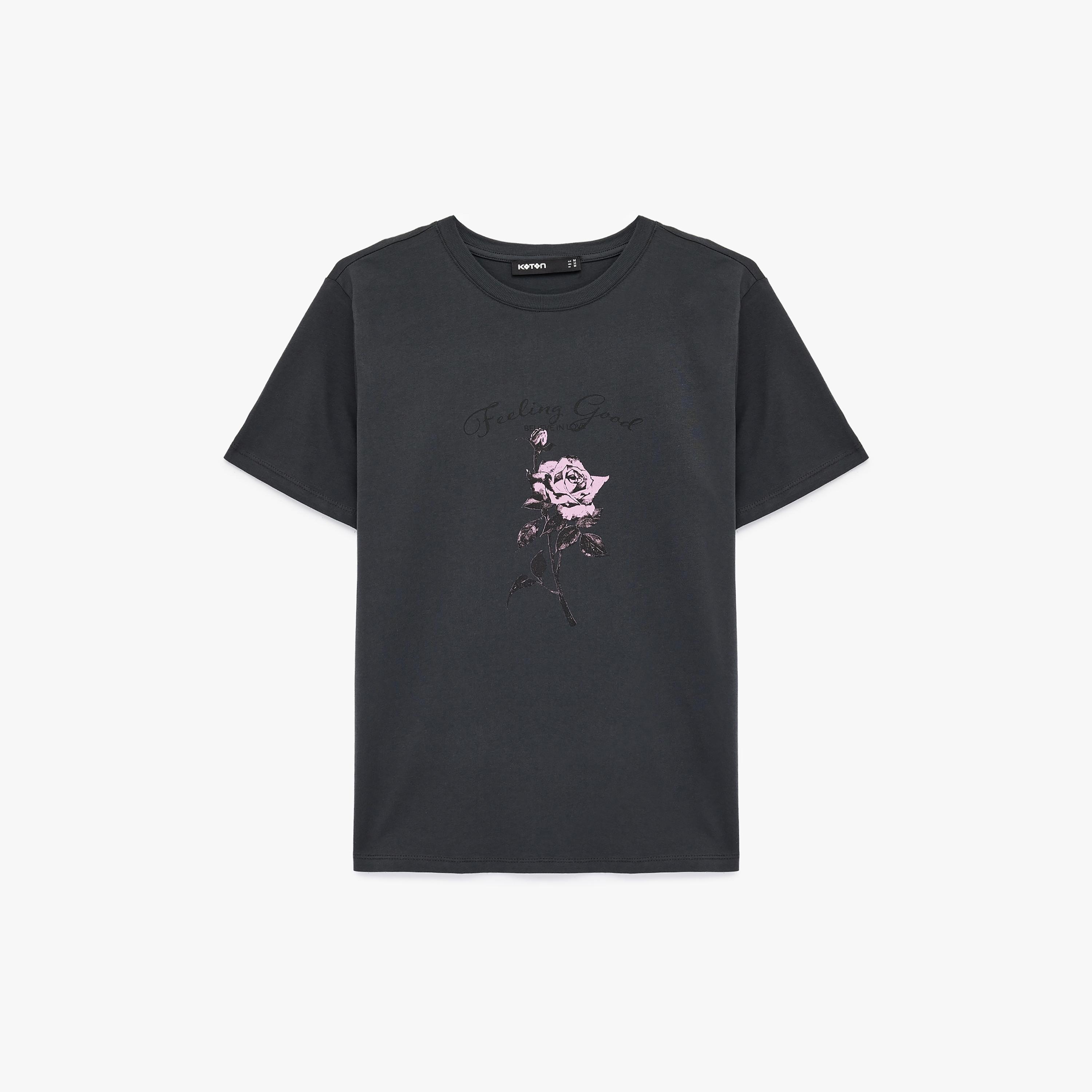 KOTON Charcoal Graphic Floral Print Cotton Women's T-Shirt-women-clothing-tshirts-image-3