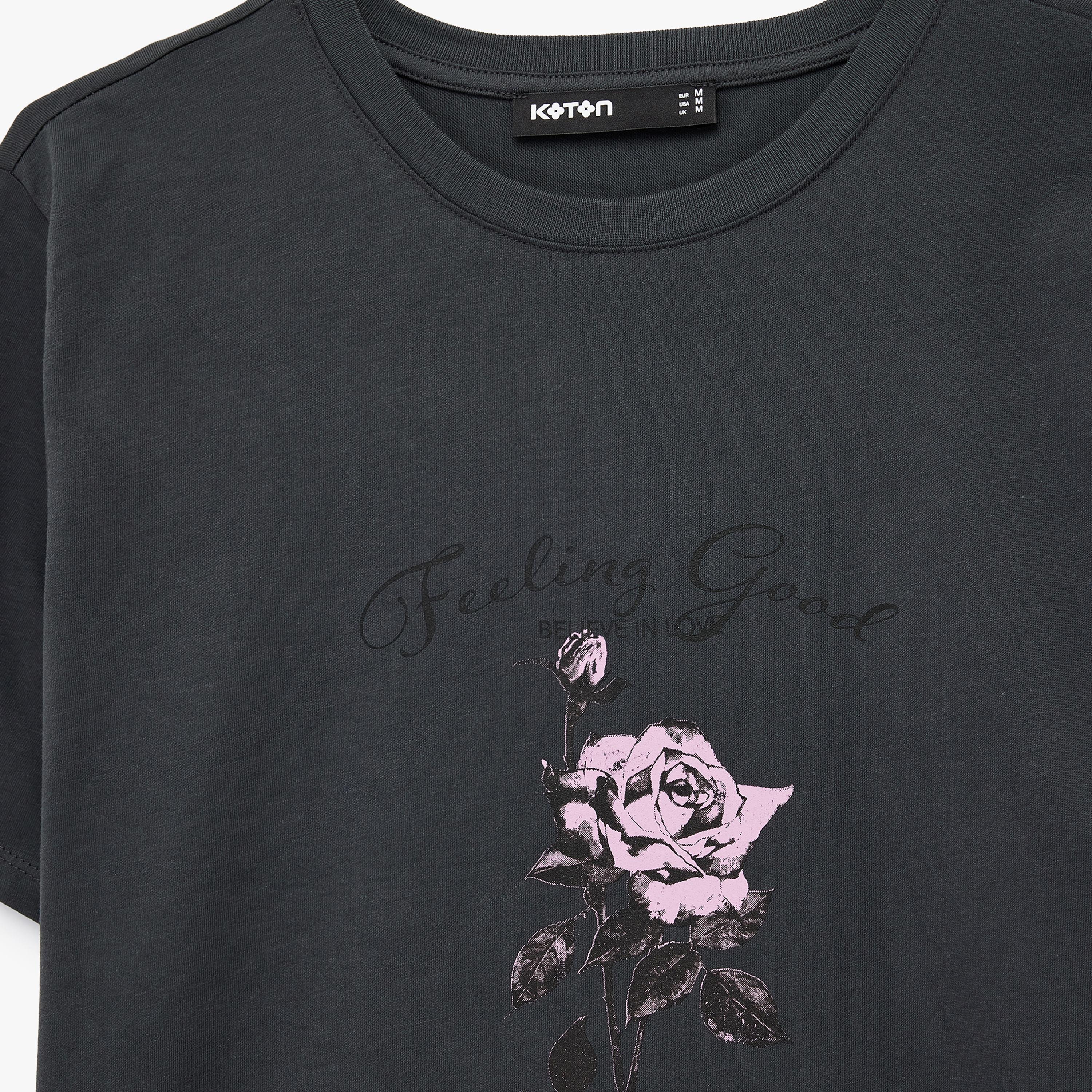 KOTON Charcoal Graphic Floral Print Cotton Women's T-Shirt-women-clothing-tshirts-image-5