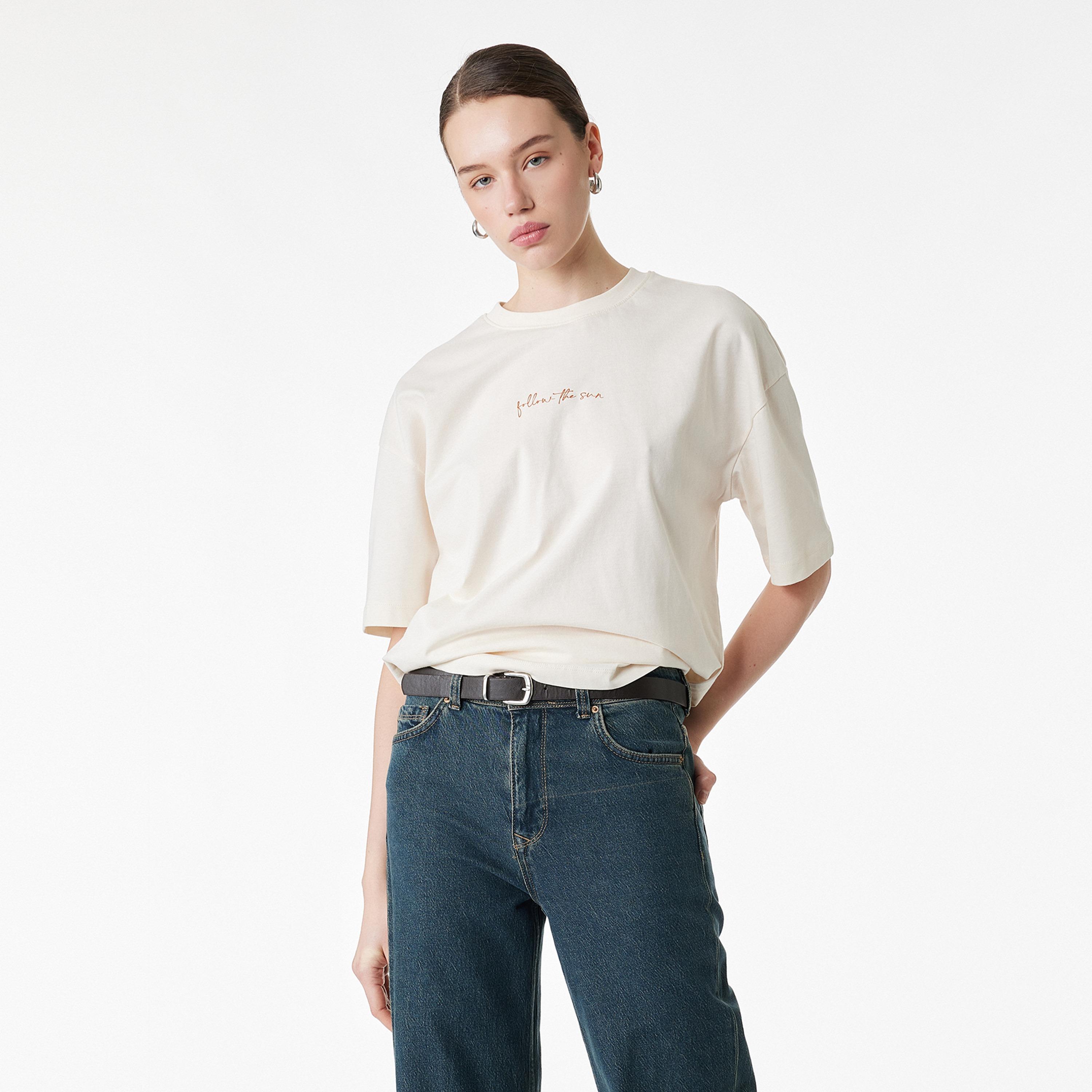 KOTON Beige Graphic Floral Print Cotton Drop Shoulder Sleeves Women's T-Shirt-women-clothing-tshirts-image-1