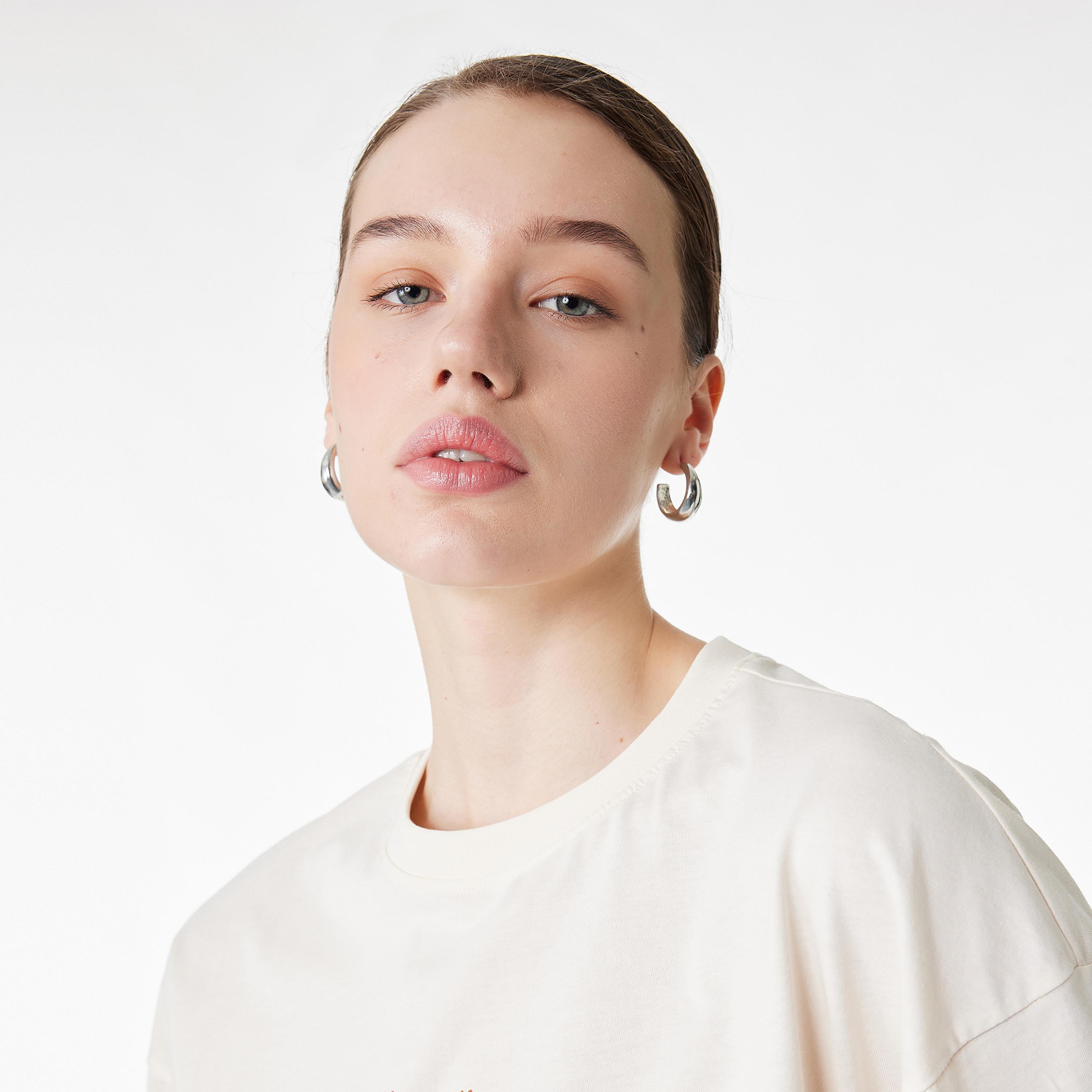 KOTON Beige Graphic Floral Print Cotton Drop Shoulder Sleeves Women's T-Shirt-women-clothing-tshirts-image-3