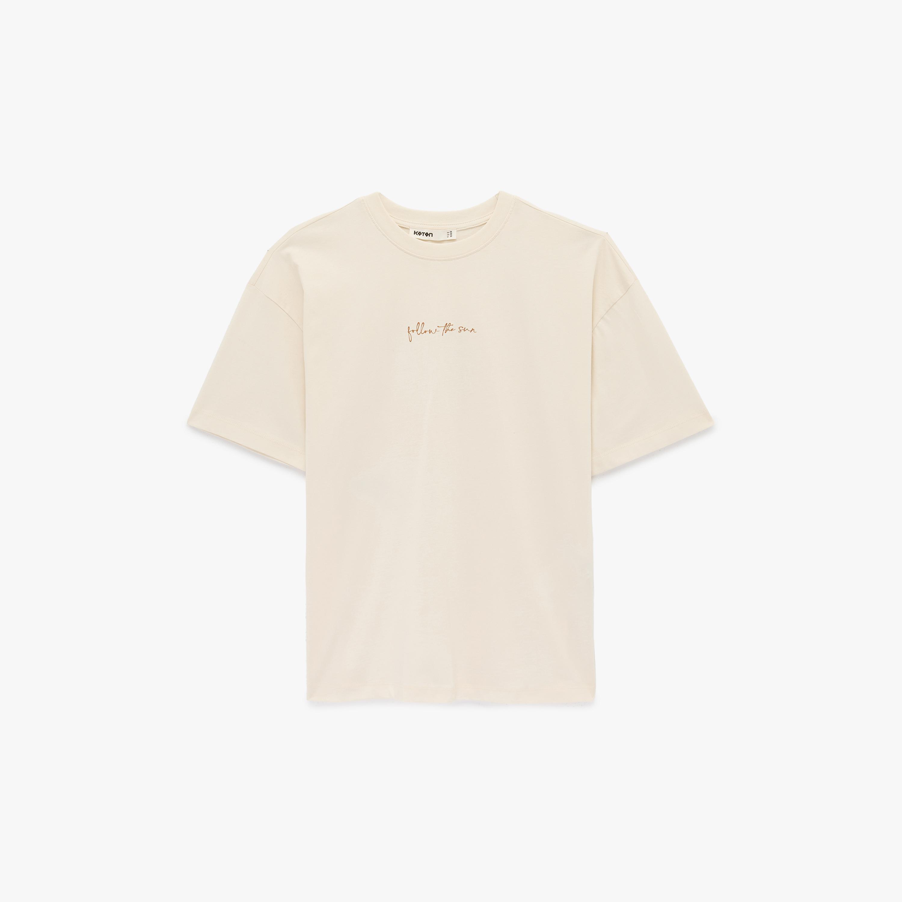 KOTON Beige Graphic Floral Print Cotton Drop Shoulder Sleeves Women's T-Shirt-women-clothing-tshirts-image-4