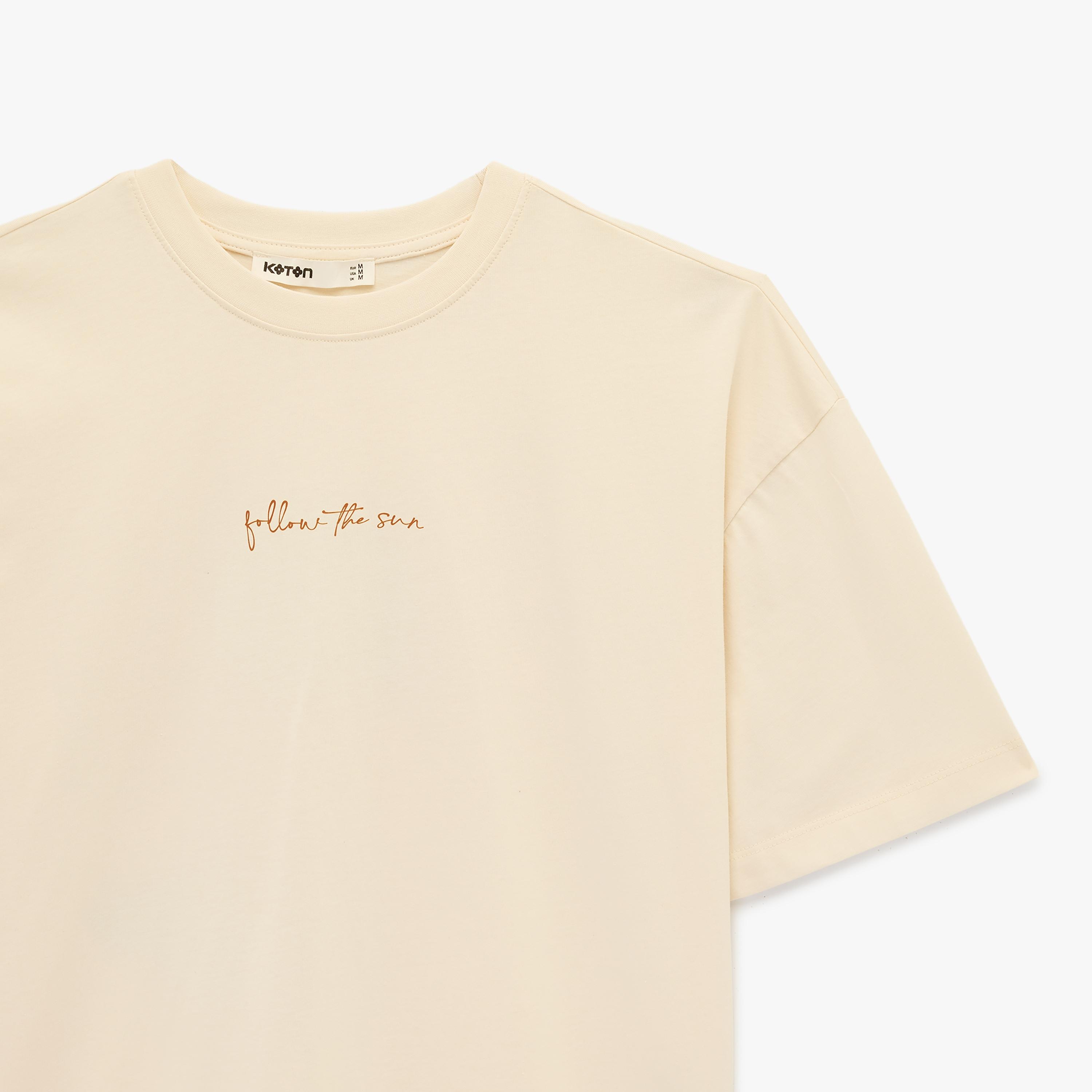 KOTON Beige Graphic Floral Print Cotton Drop Shoulder Sleeves Women's T-Shirt-women-clothing-tshirts-image-6