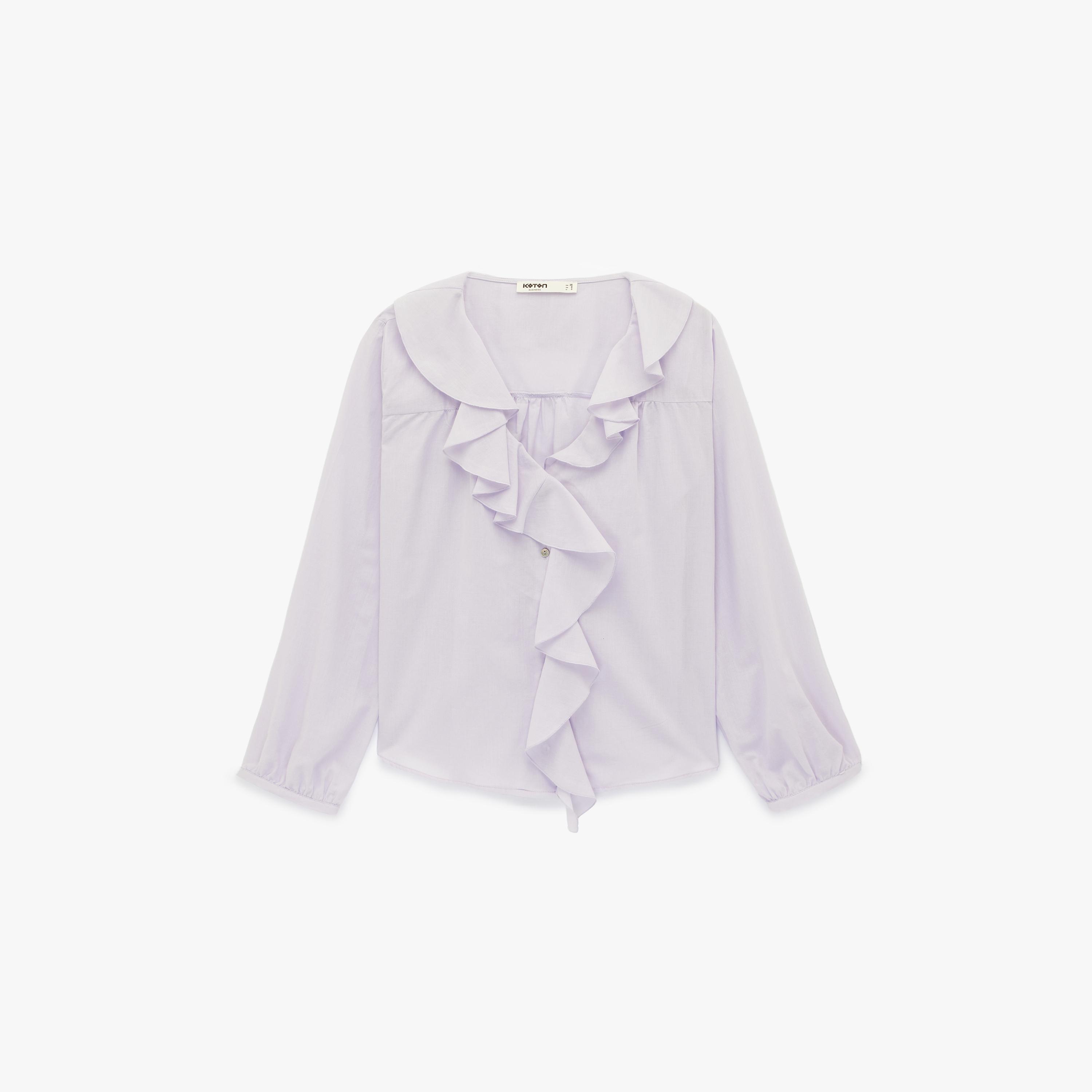 بلوزة قطنية نسائية بتفاصيل "فريلد" كشكش بلون لافندر من كوتون-women-clothing-shirtsandblouses-blouses-image-3