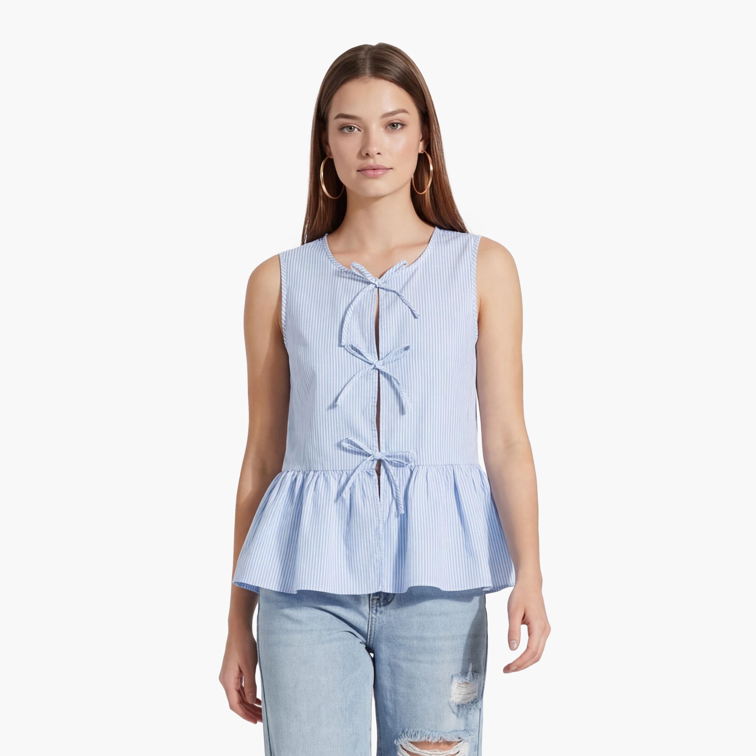 بلوزة نسائية مخططة بلون أزرق فاتح من كوتون-women-clothing-shirtsandblouses-blouses-image-1