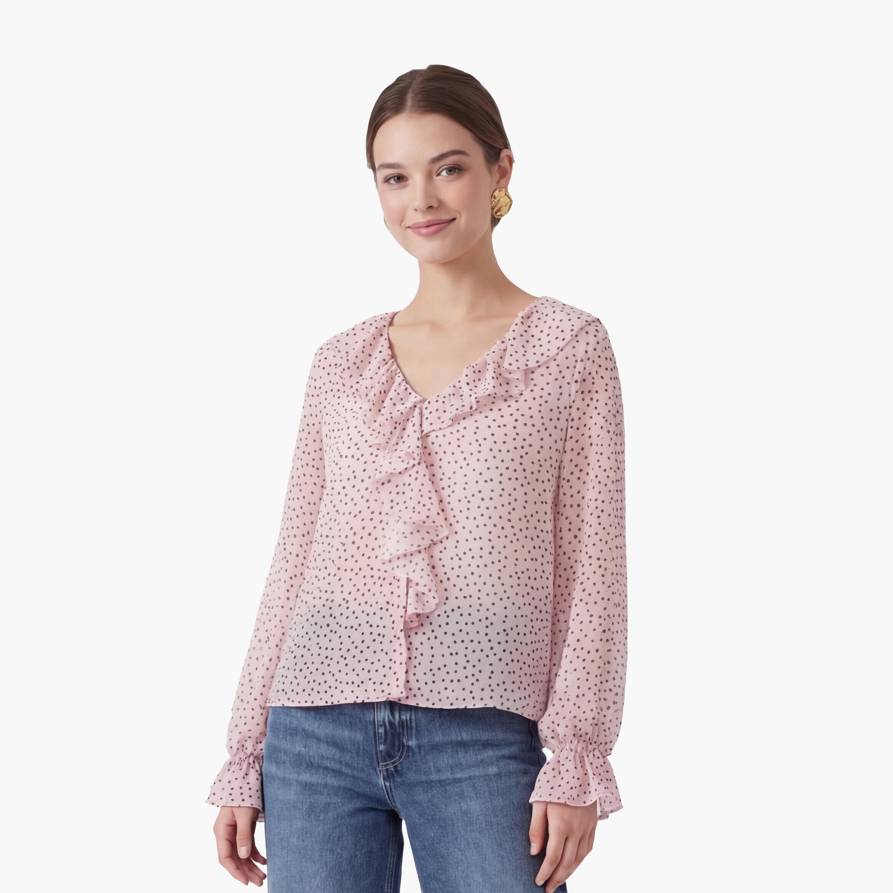 بلوزة نسائية بطبعة "بولكا دوت" منقطة بلون وردي من كوتون-women-clothing-shirtsandblouses-blouses-image-1