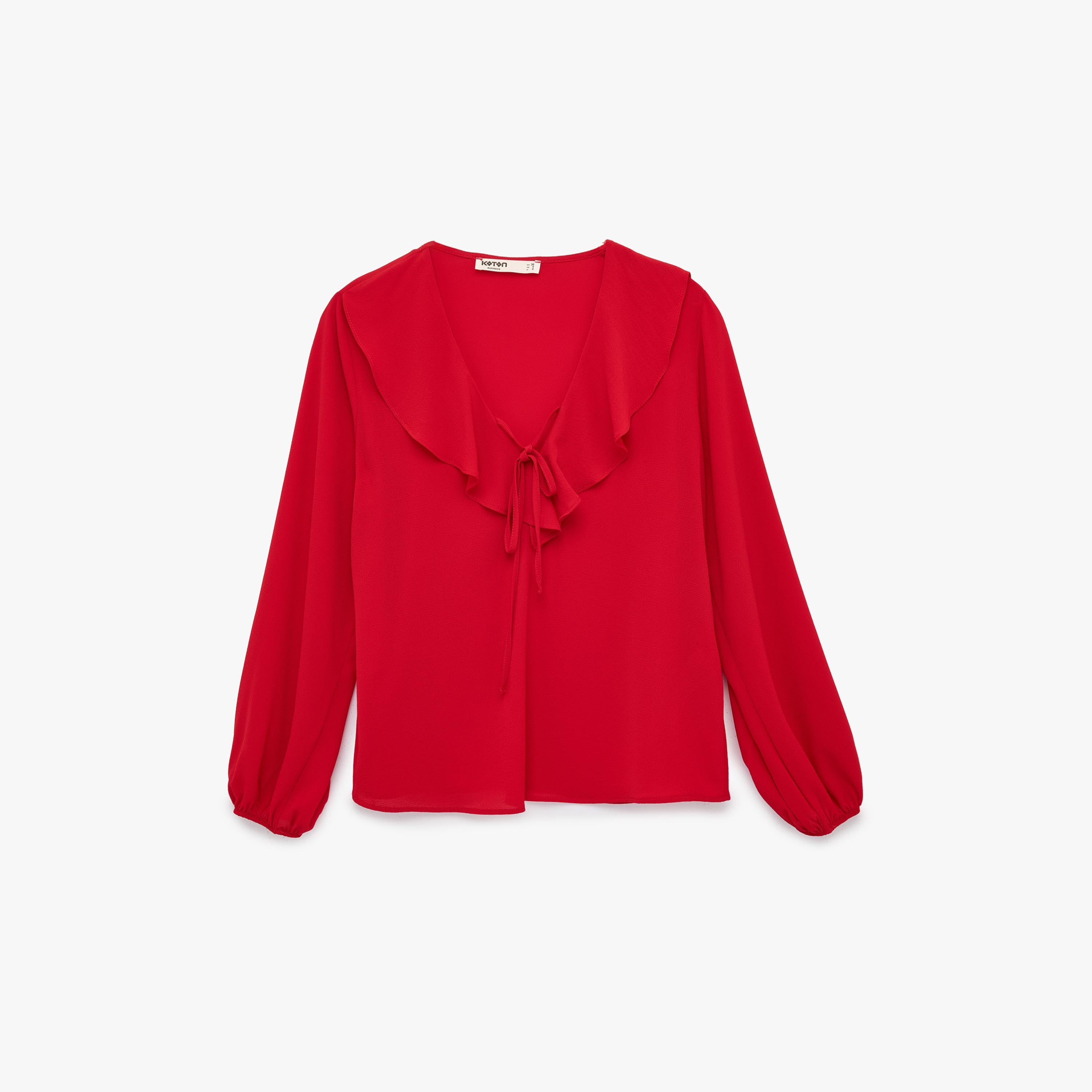 بلوزة نسائية بأكمام "جاذرد كف" مزمومة عند المعصم بلون أحمر من كوتون-women-clothing-shirtsandblouses-blouses-image-3