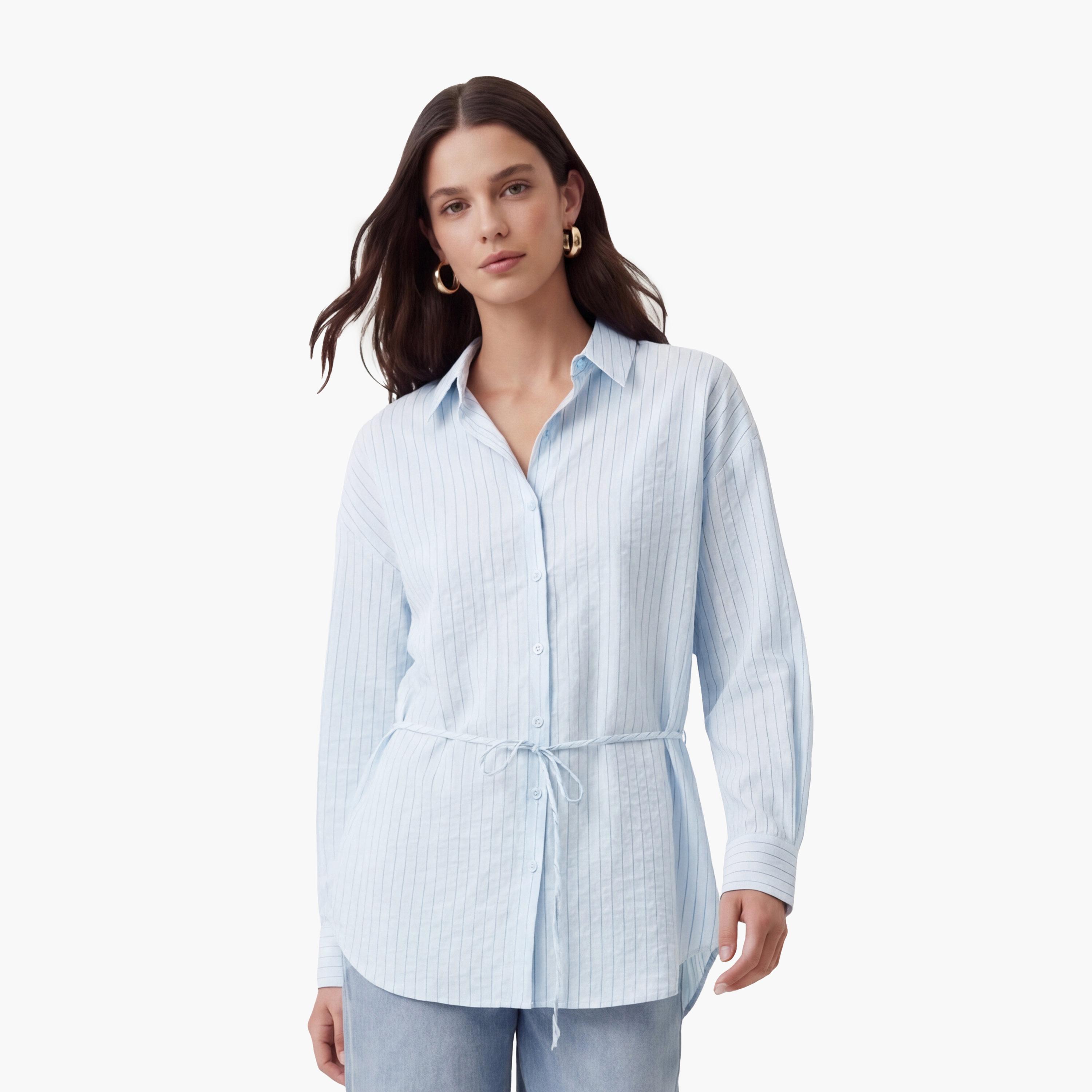 قميص نسائي مخطط باللون الأزرق من كوتون-women-clothing-shirtsandblouses-shirts-image-1