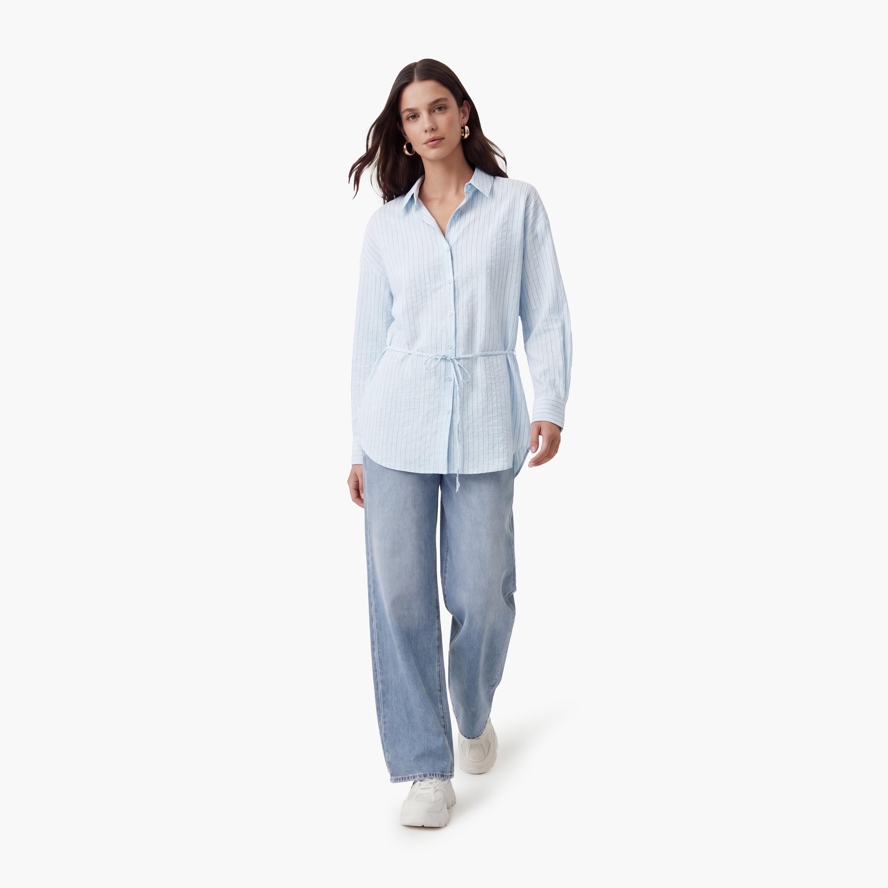 قميص نسائي مخطط باللون الأزرق من كوتون-women-clothing-shirtsandblouses-shirts-image-2