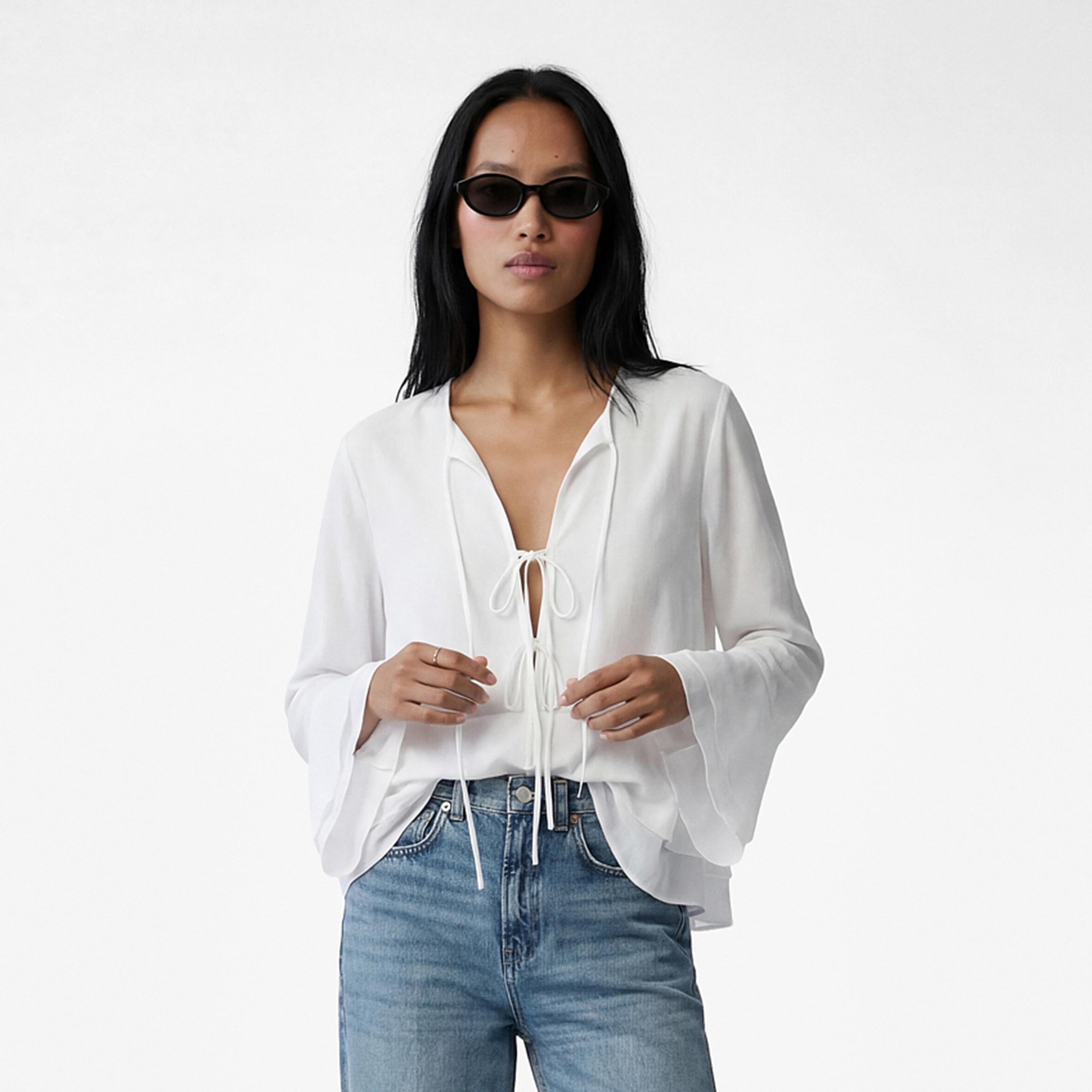 KOTON White Tie-Up Neck Bell Sleeves Women's Top-women-clothing-shirtsandblouses-blouses-image-1