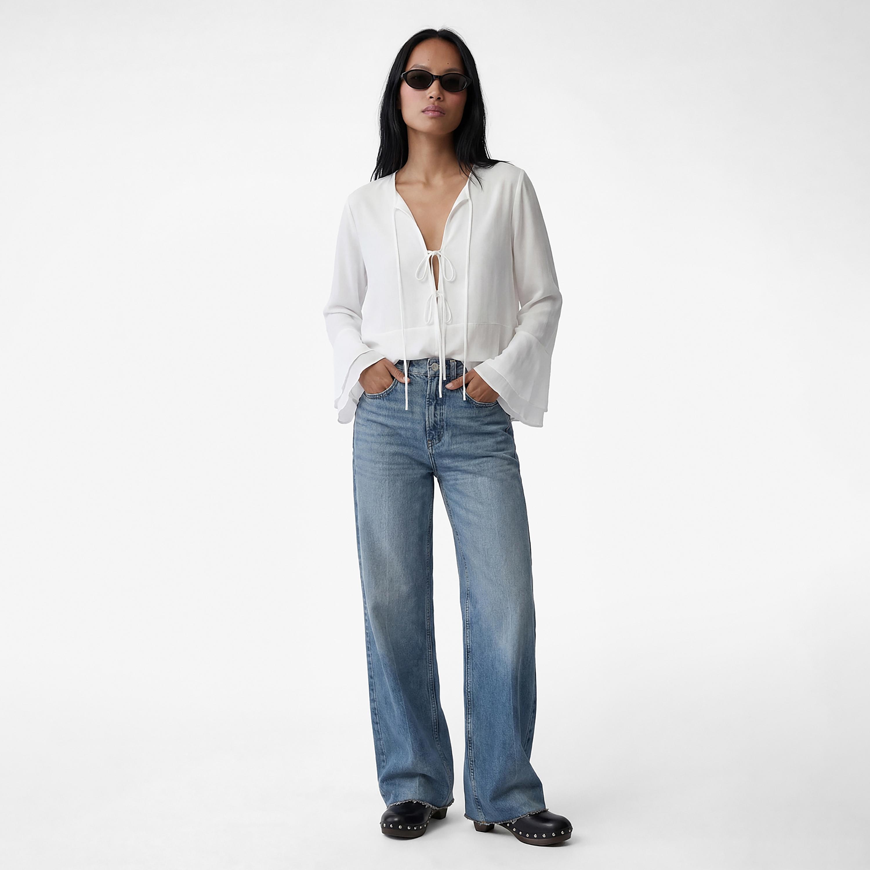 KOTON White Tie-Up Neck Bell Sleeves Women's Top-women-clothing-shirtsandblouses-blouses-image-2