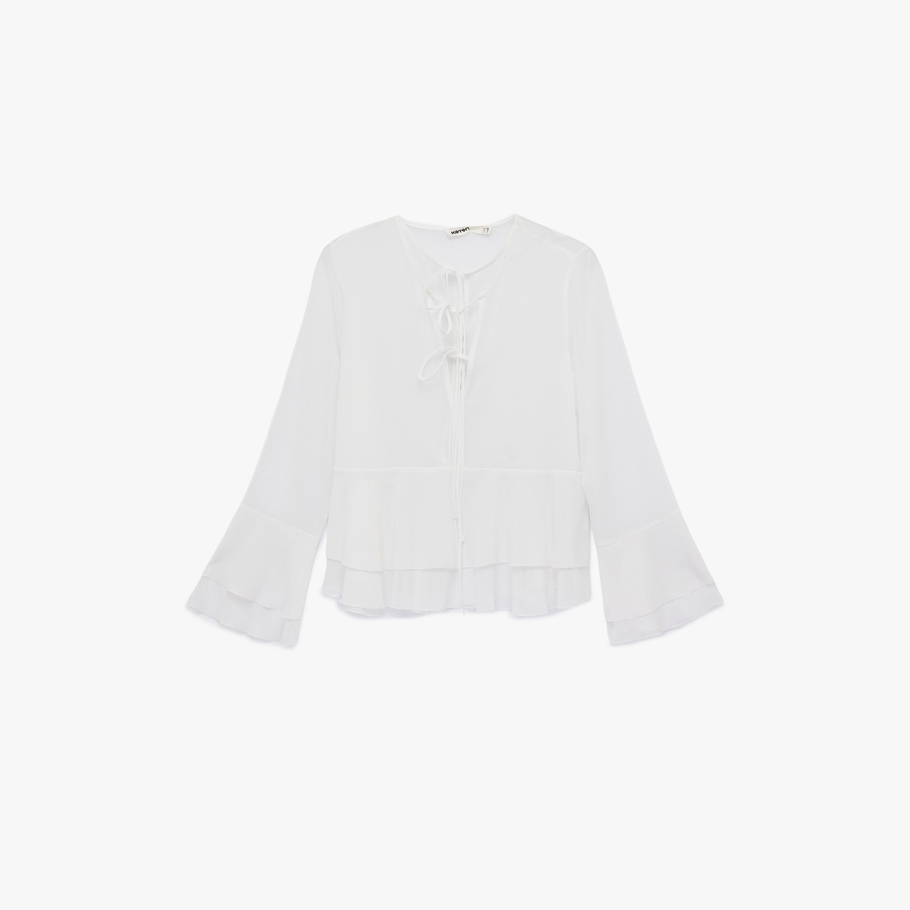 KOTON White Tie-Up Neck Bell Sleeves Women's Top-women-clothing-shirtsandblouses-blouses-image-3