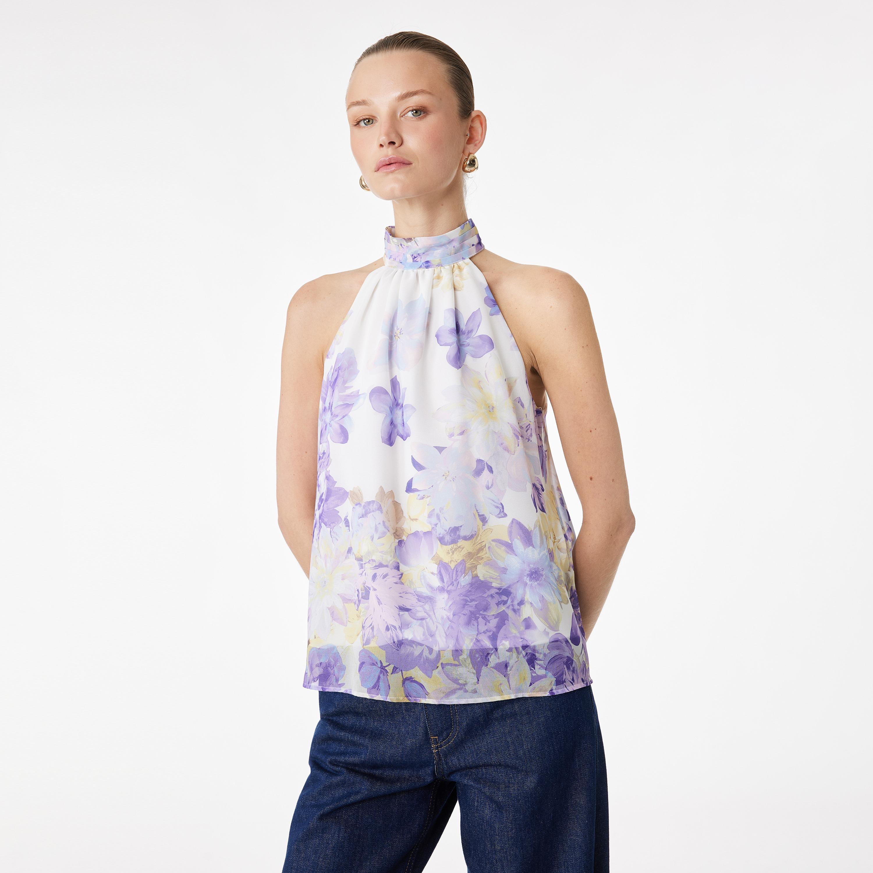 KOTON Purple Floral Print Halter Neck Women's Top-women-clothing-shirtsandblouses-blouses-image-1