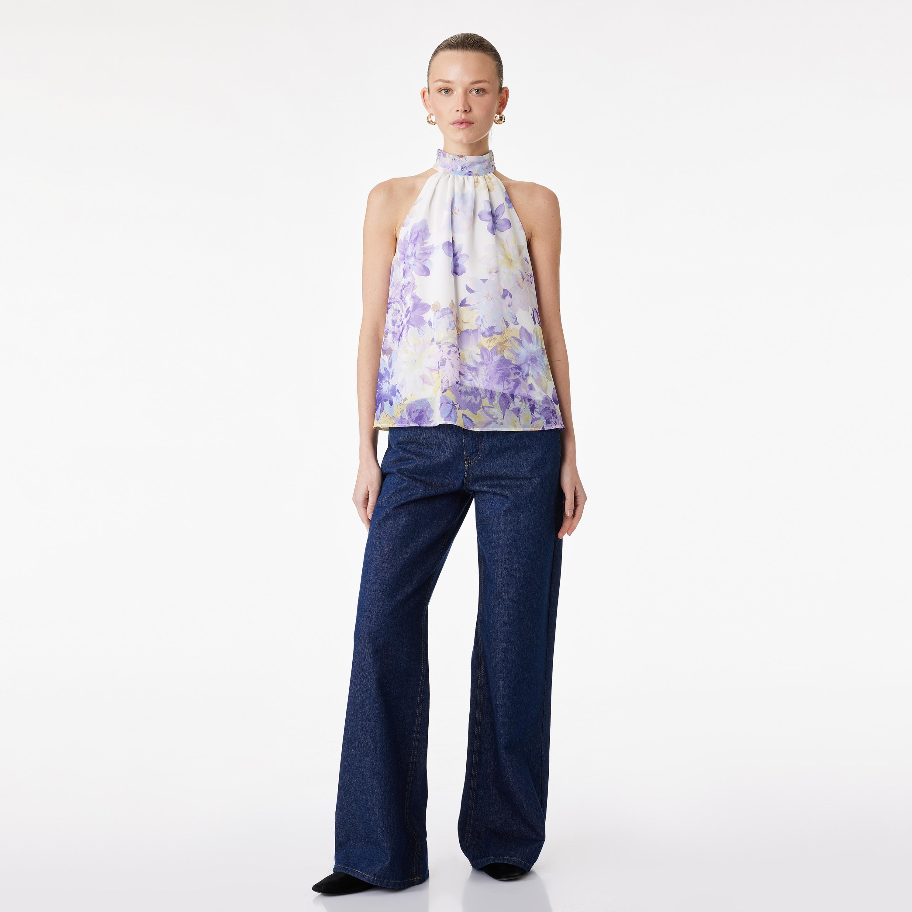 KOTON Purple Floral Print Halter Neck Women's Top-women-clothing-shirtsandblouses-blouses-image-2