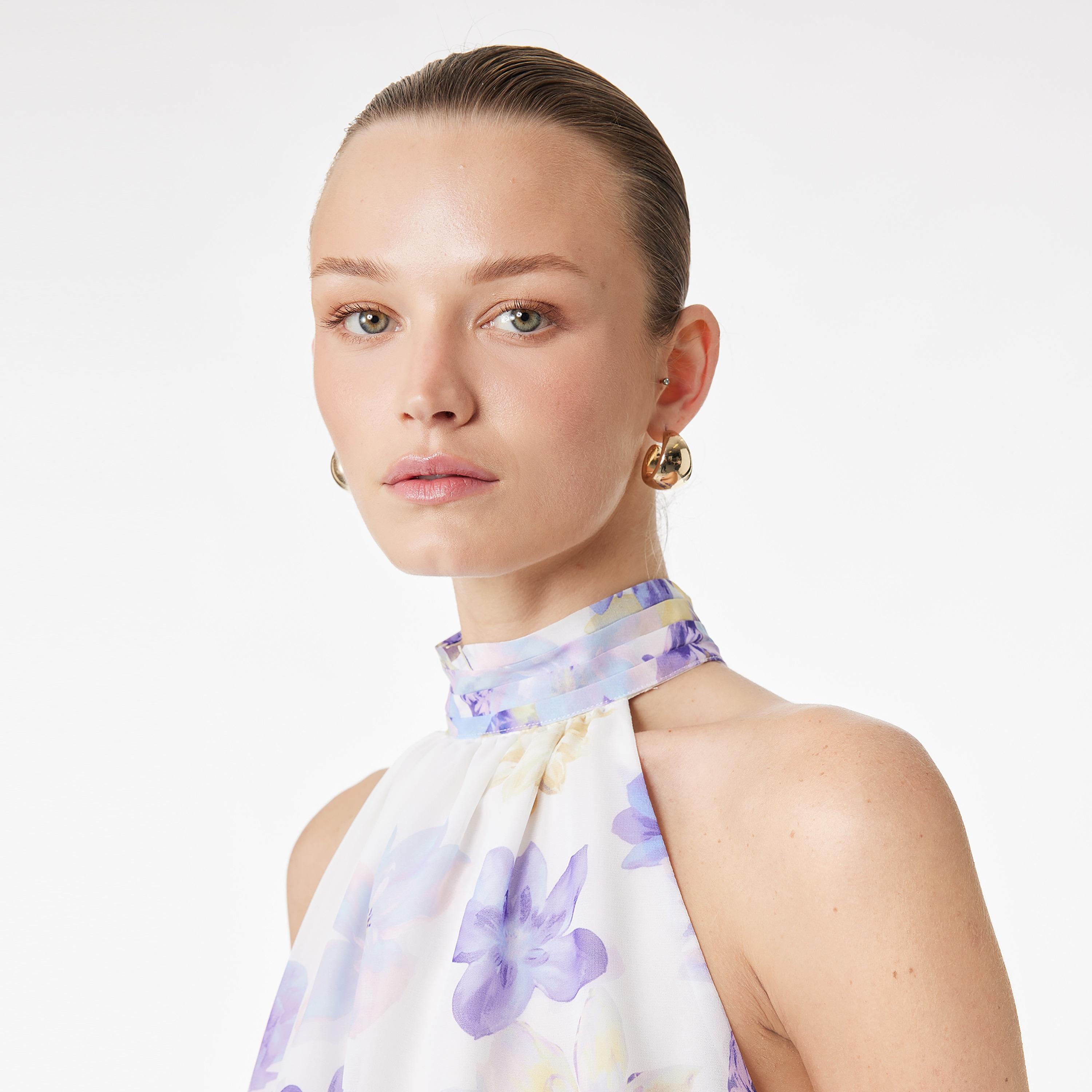 KOTON Purple Floral Print Halter Neck Women's Top-women-clothing-shirtsandblouses-blouses-image-3