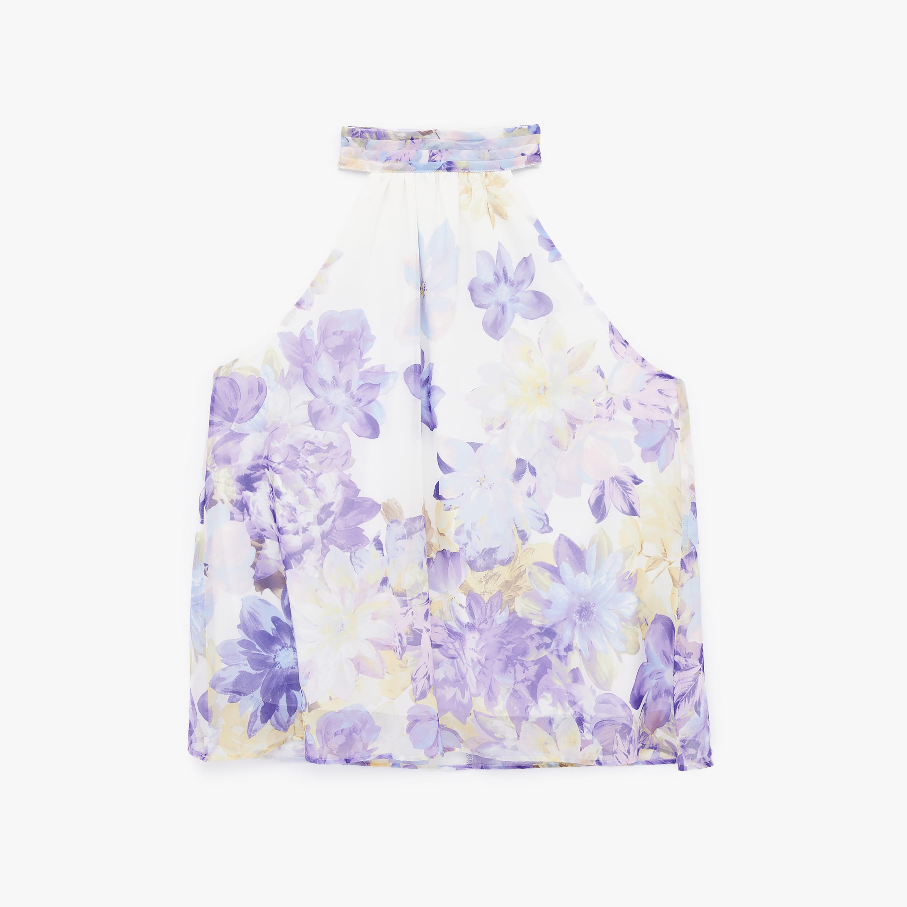KOTON Purple Floral Print Halter Neck Women's Top-women-clothing-shirtsandblouses-blouses-image-4