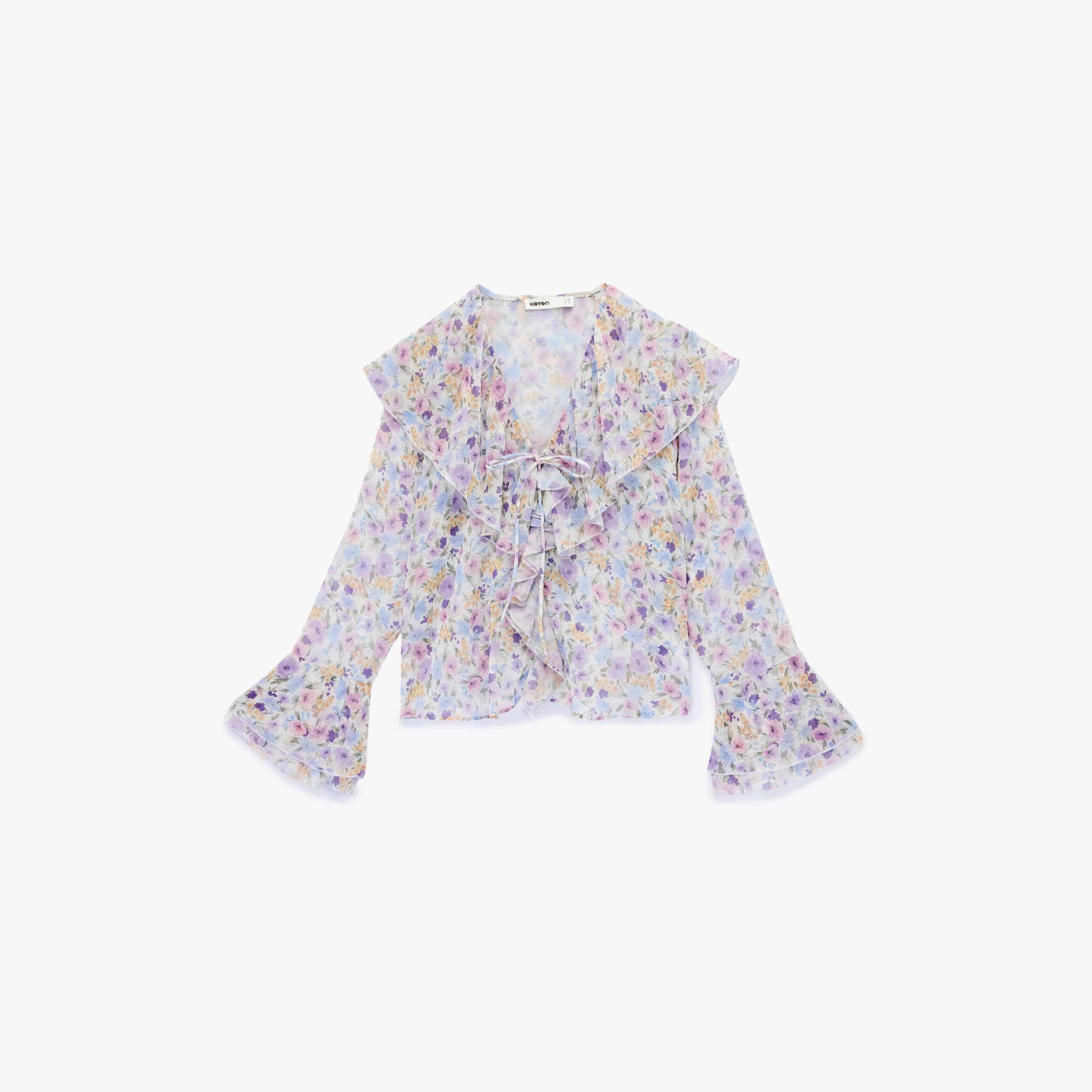 بلوزة نسائية بأكمام "بيل" جرس وطبعة "فلورال" زهور متعددة الألوان من كوتون-women-clothing-shirtsandblouses-blouses-image-3