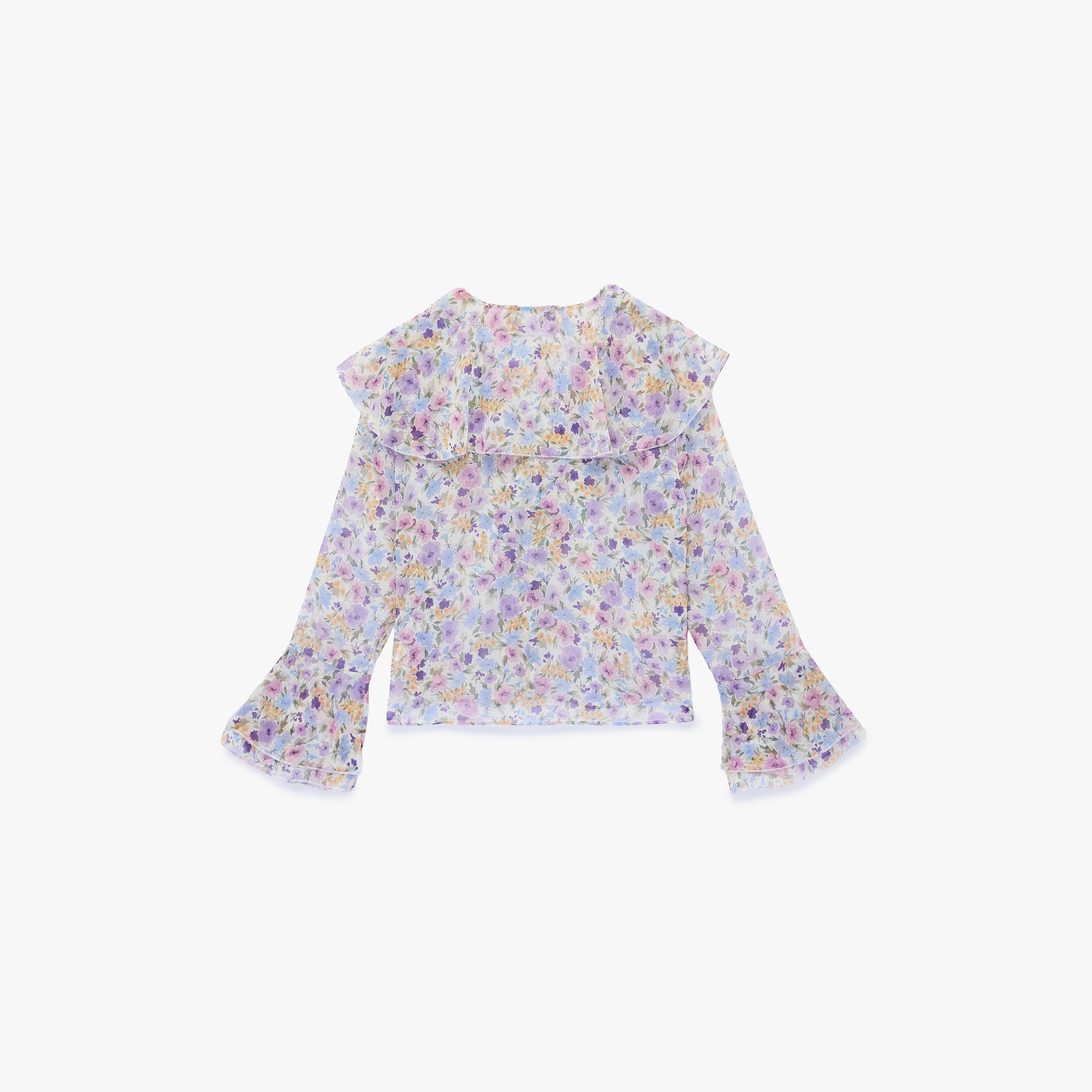 بلوزة نسائية بأكمام "بيل" جرس وطبعة "فلورال" زهور متعددة الألوان من كوتون-women-clothing-shirtsandblouses-blouses-image-4