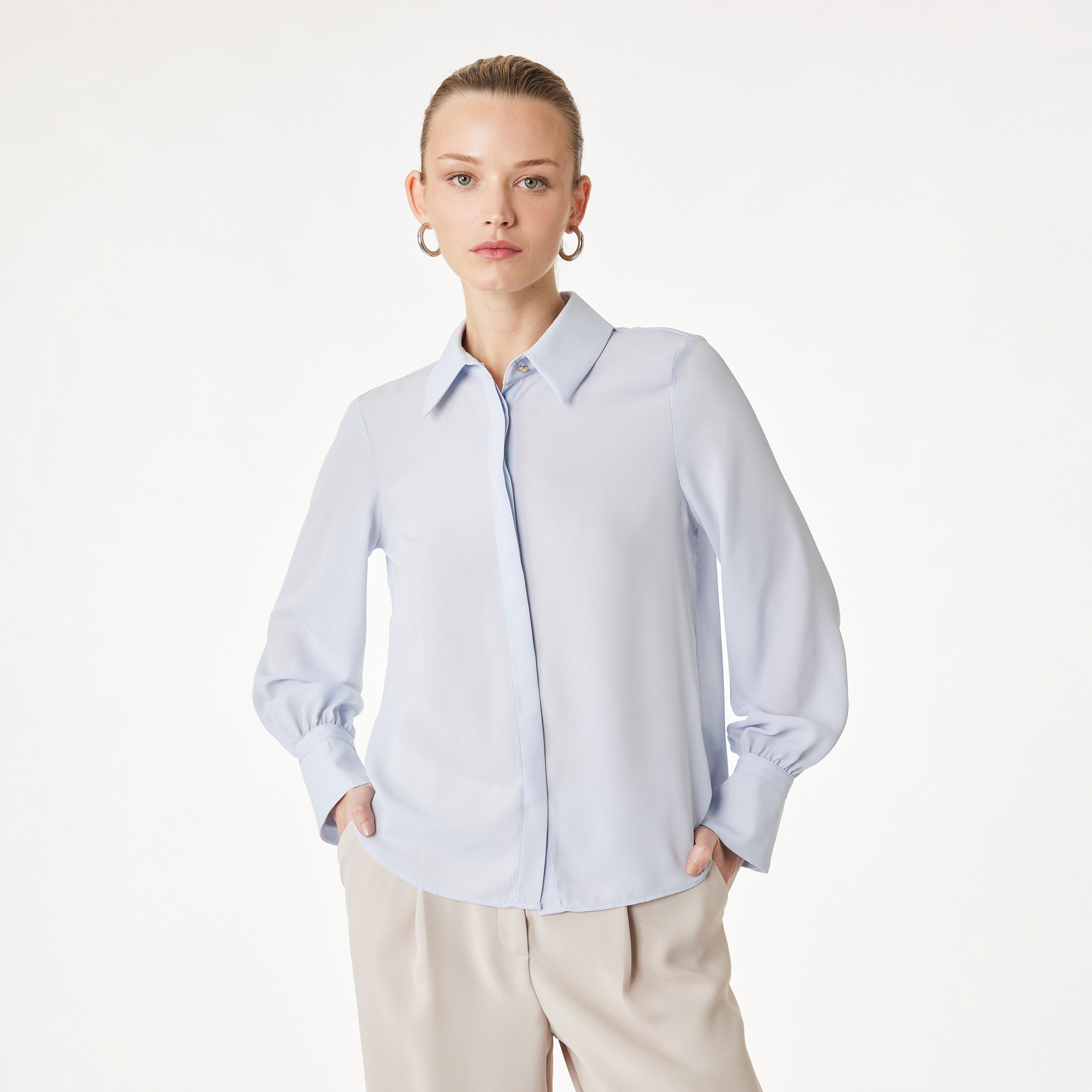 قميص نسائي بياقة وأكمام "بيشوب" من كوتون-women-clothing-shirtsandblouses-shirts-image-1