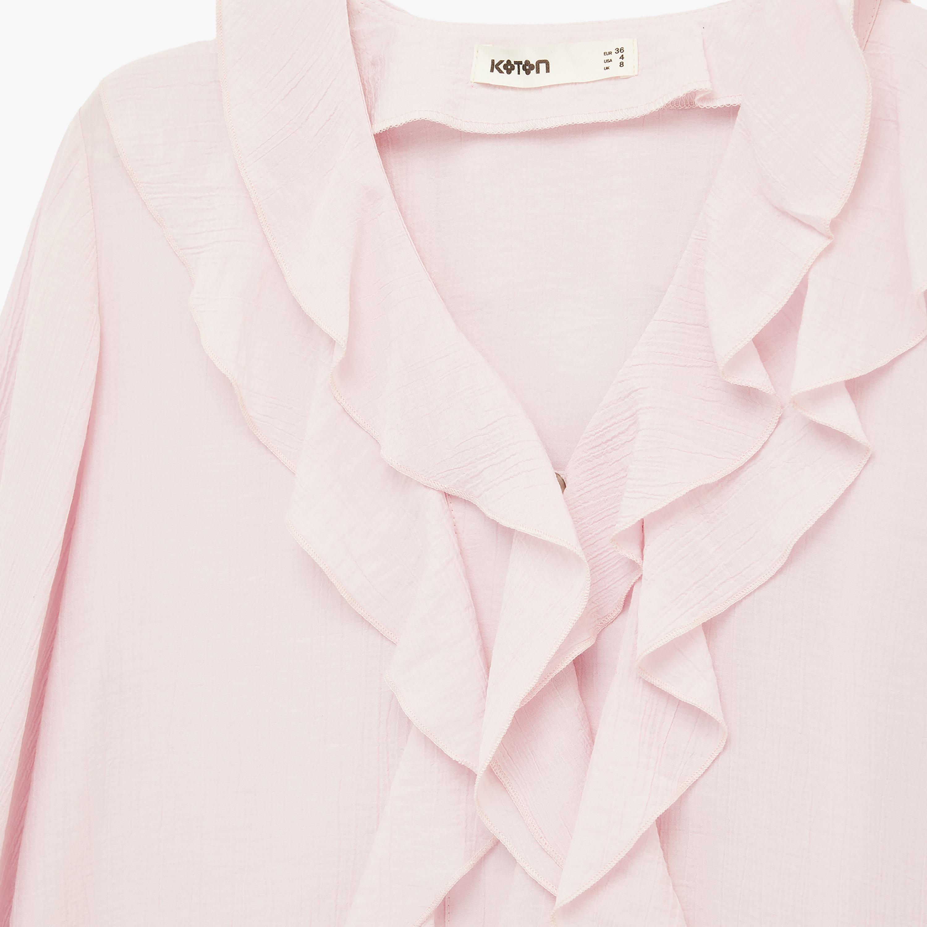 بلوزة نسائية بتفاصيل "فريلد" كشكش بلون وردي من كوتون-women-clothing-shirtsandblouses-blouses-image-5