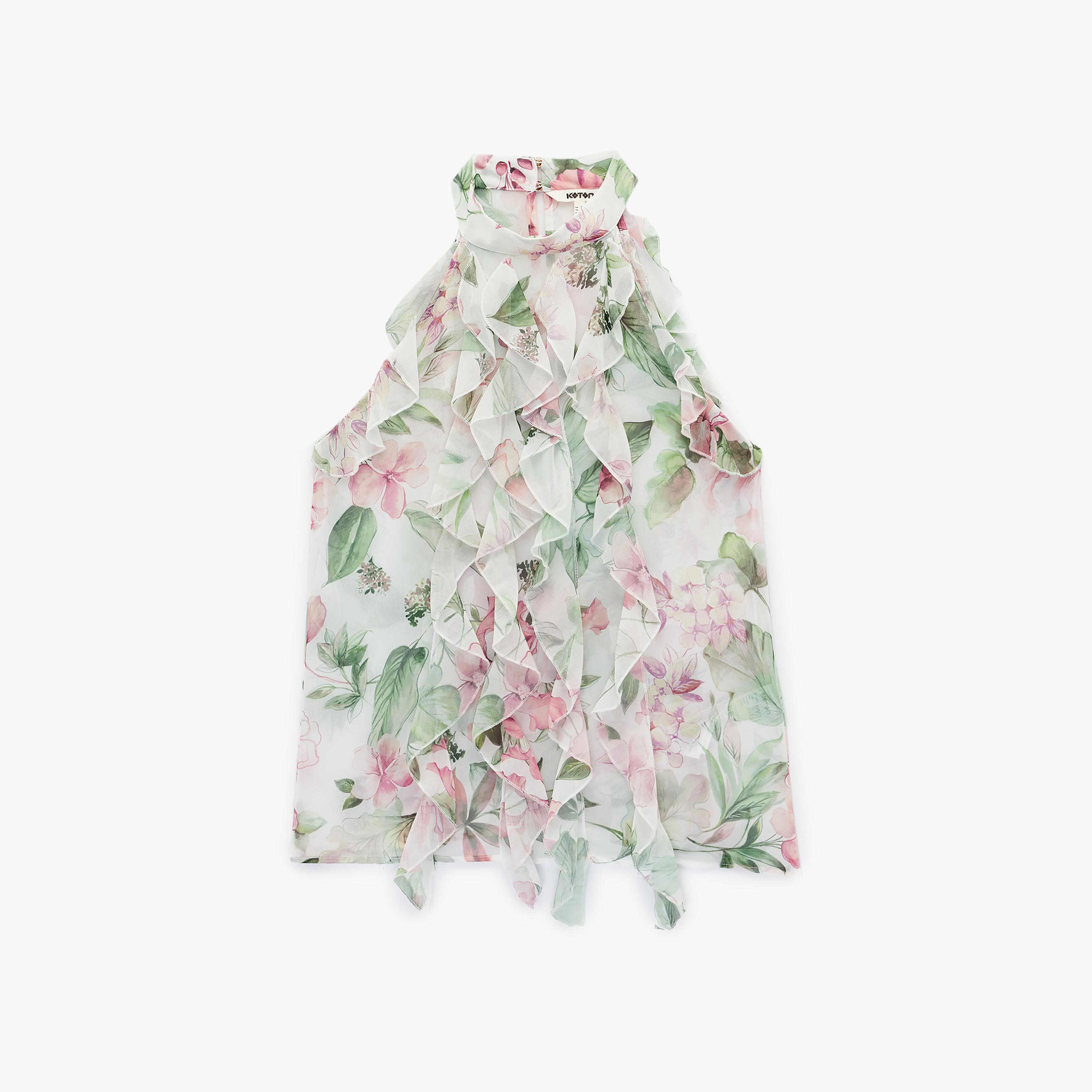KOTON Multicolour Ruffled Floral Print Halter Neck Women's Top-women-clothing-shirtsandblouses-blouses-image-3