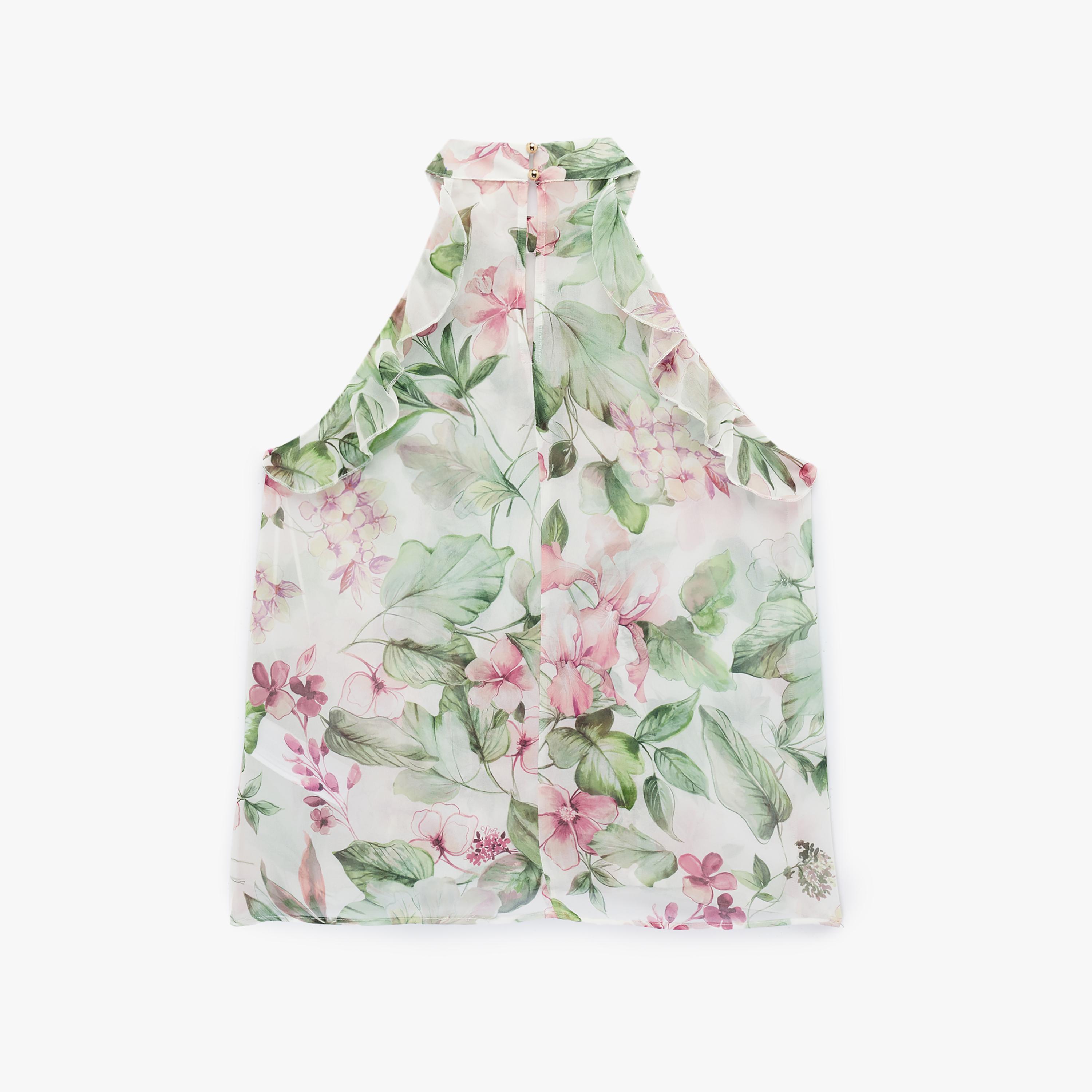 KOTON Multicolour Ruffled Floral Print Halter Neck Women's Top-women-clothing-shirtsandblouses-blouses-image-4