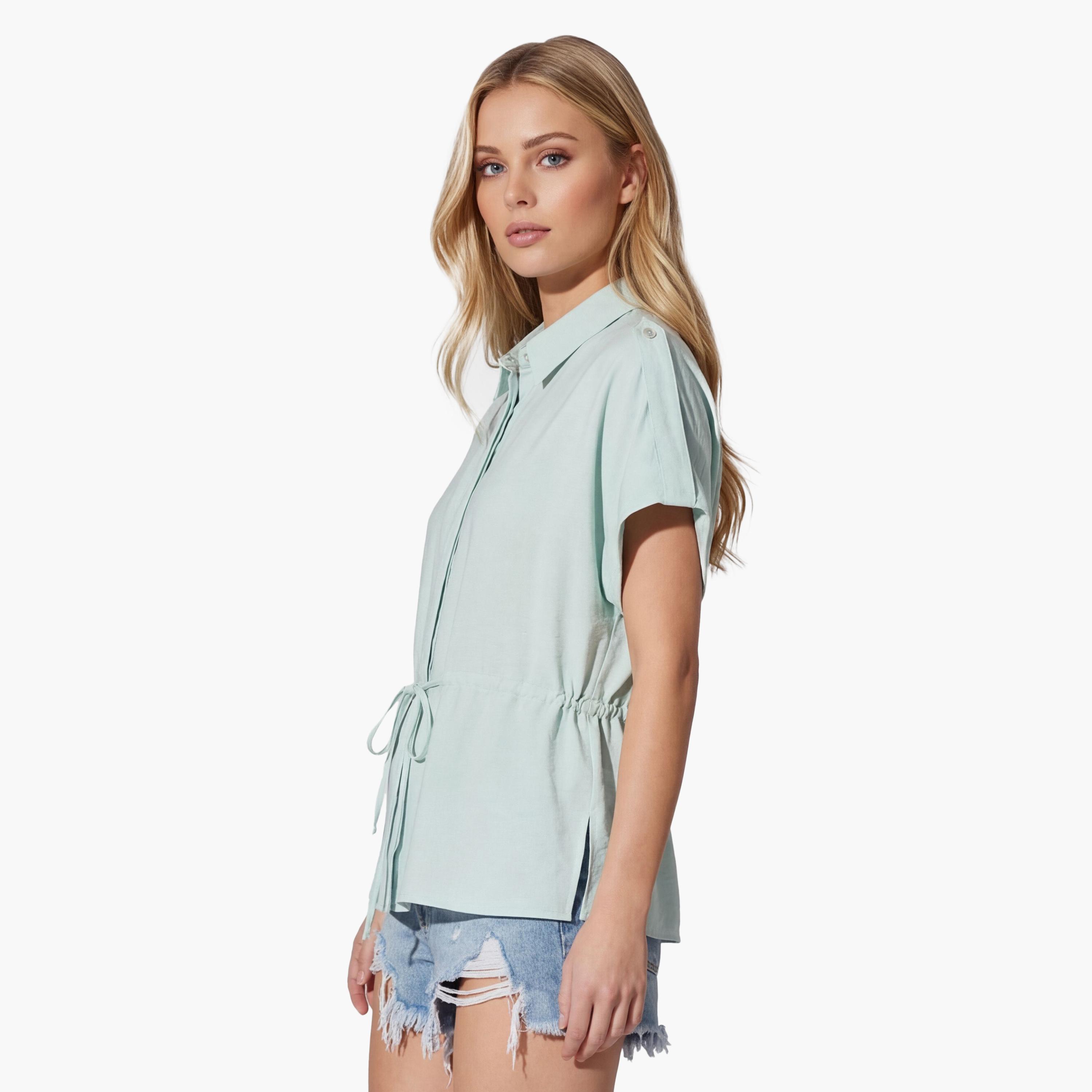 قميص نسائي بياقة بلون سماوي من كوتون-women-clothing-shirtsandblouses-shirts-image-3