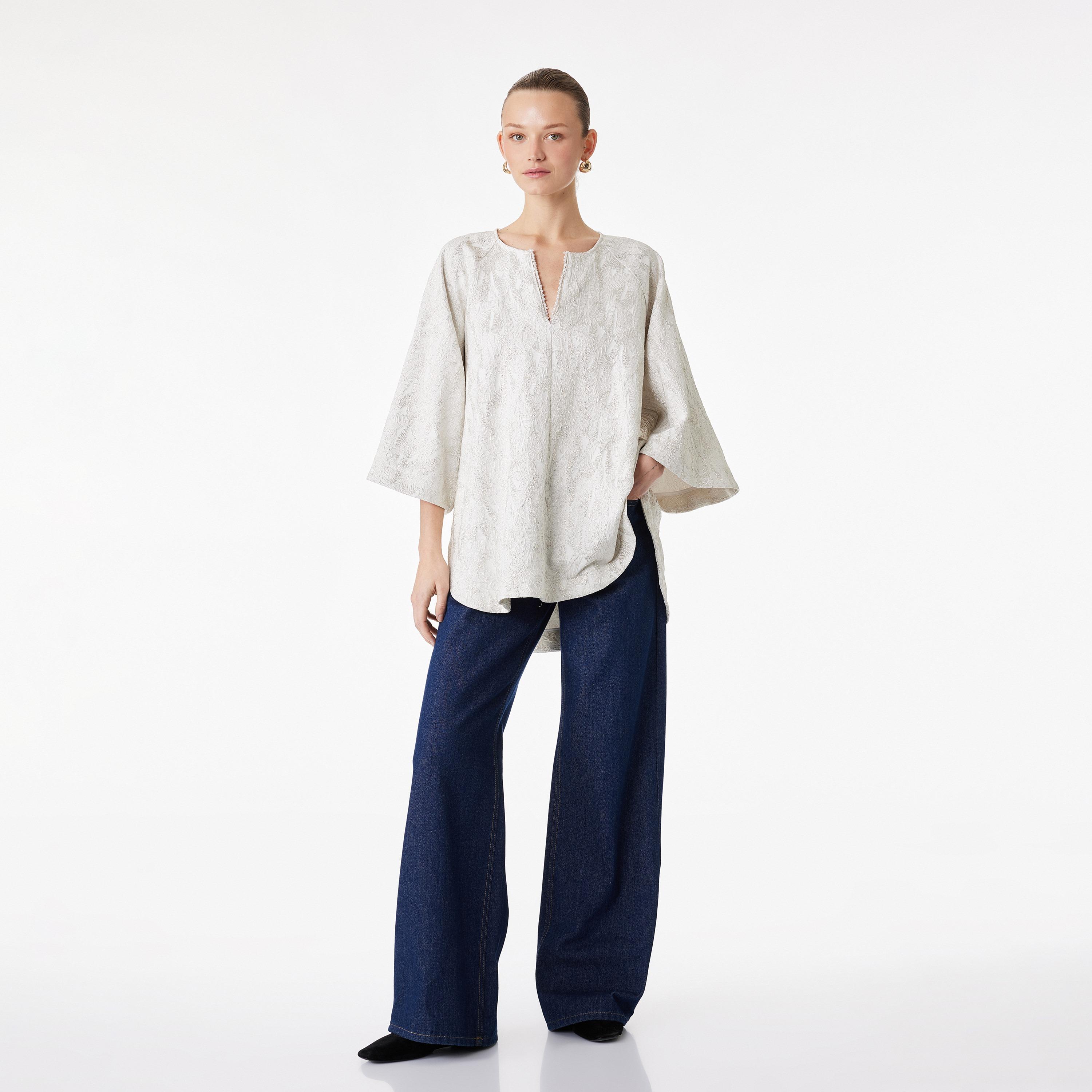 KOTON Off-White Textured Leaf Raglan Sleeves Women's Tunic-women-clothing-shirtsandblouses-blouses-image-2