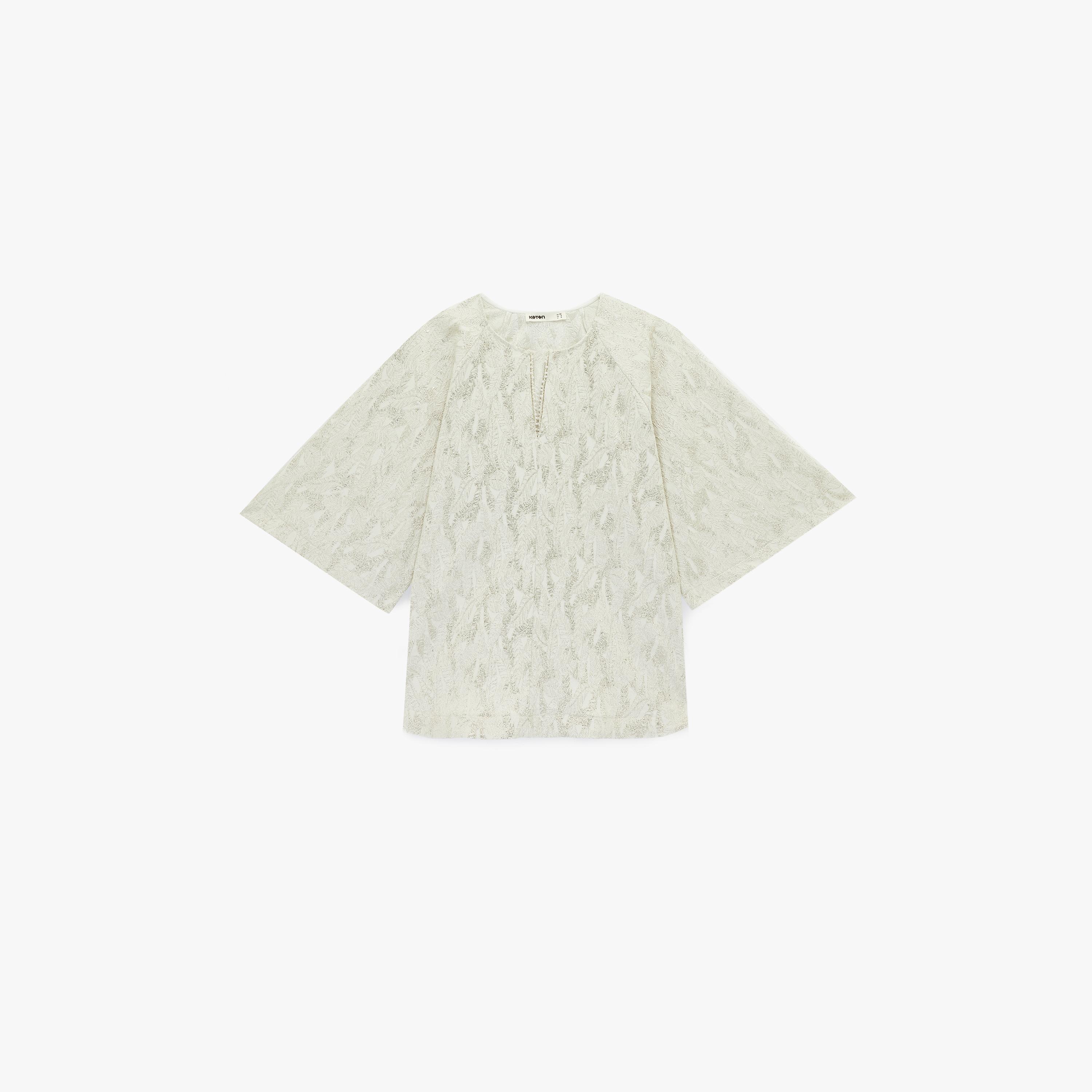 KOTON Off-White Textured Leaf Raglan Sleeves Women's Tunic-women-clothing-shirtsandblouses-blouses-image-3