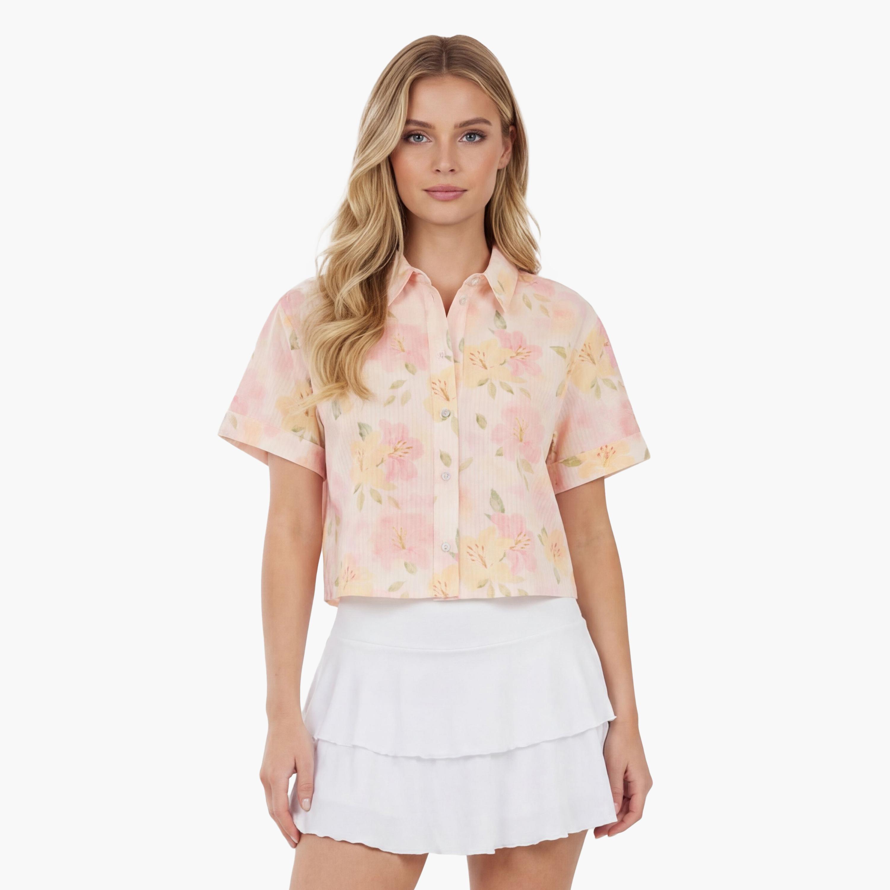 قميص نسائي بياقة وطبعة "فلورال" زهور بلون وردي من كوتون-women-clothing-shirtsandblouses-shirts-image-1