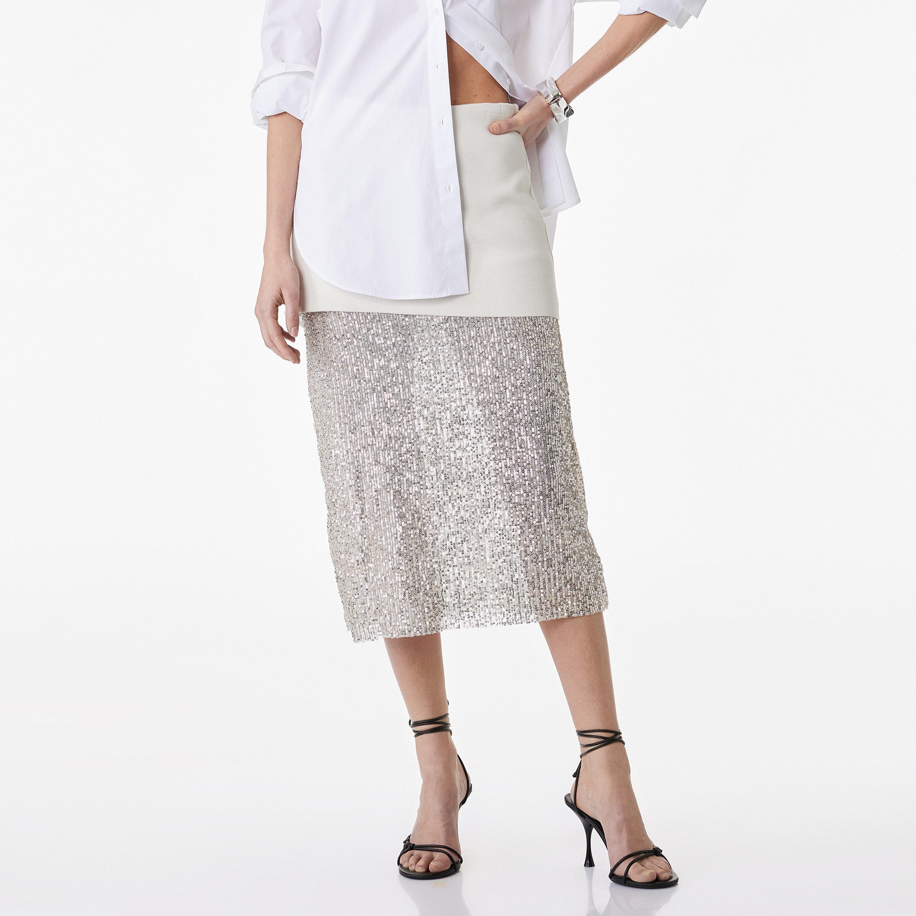 KOTON Silver Sequined Pencil Women's Midi Skirt-women-clothing-bottoms-skirts-image-1