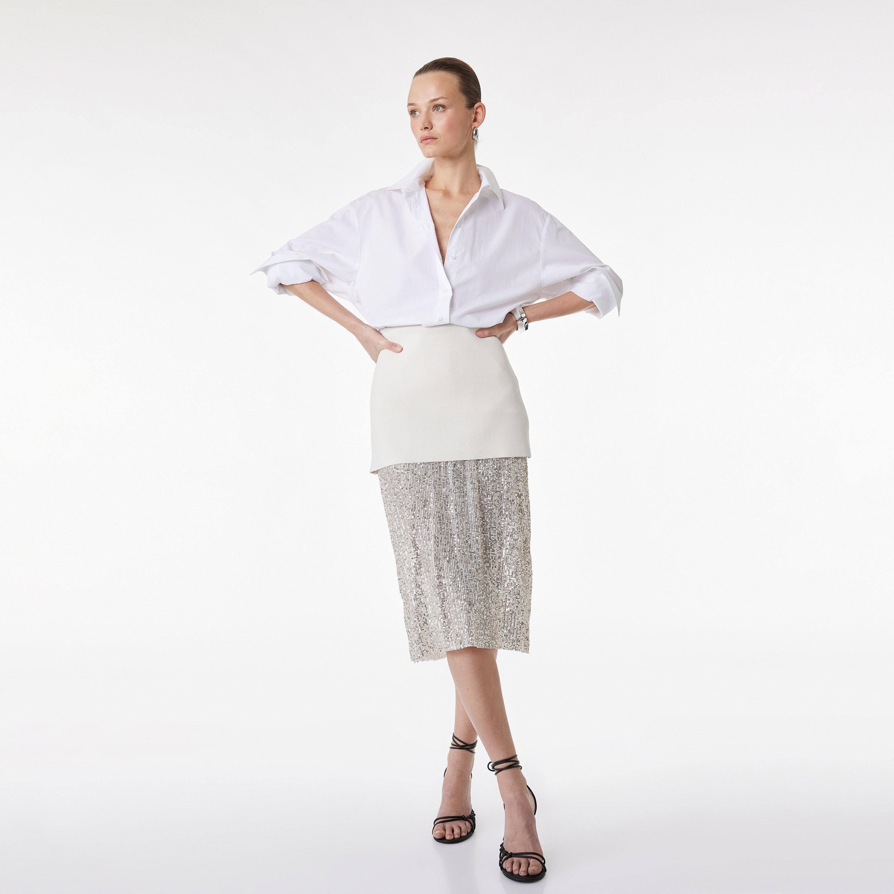 KOTON Silver Sequined Pencil Women's Midi Skirt-women-clothing-bottoms-skirts-image-2