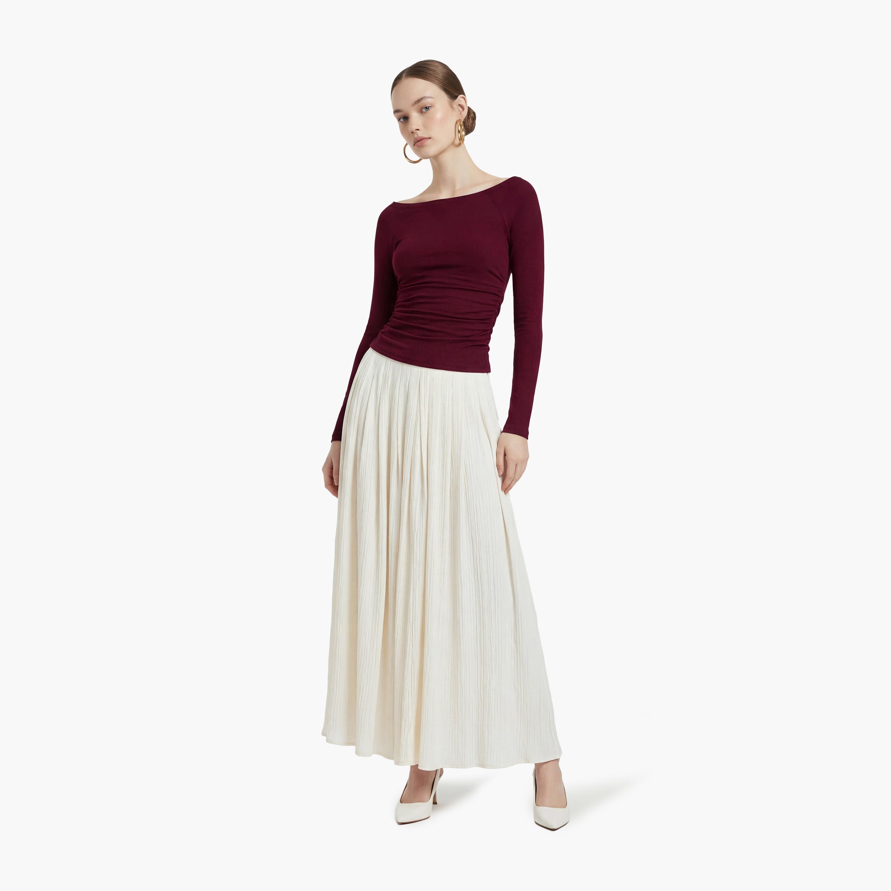 تنورة ماكسي نسائية بقصة كلوش من قماش بارز بلون كريمي من كوتون-women-clothing-bottoms-skirts-image-2