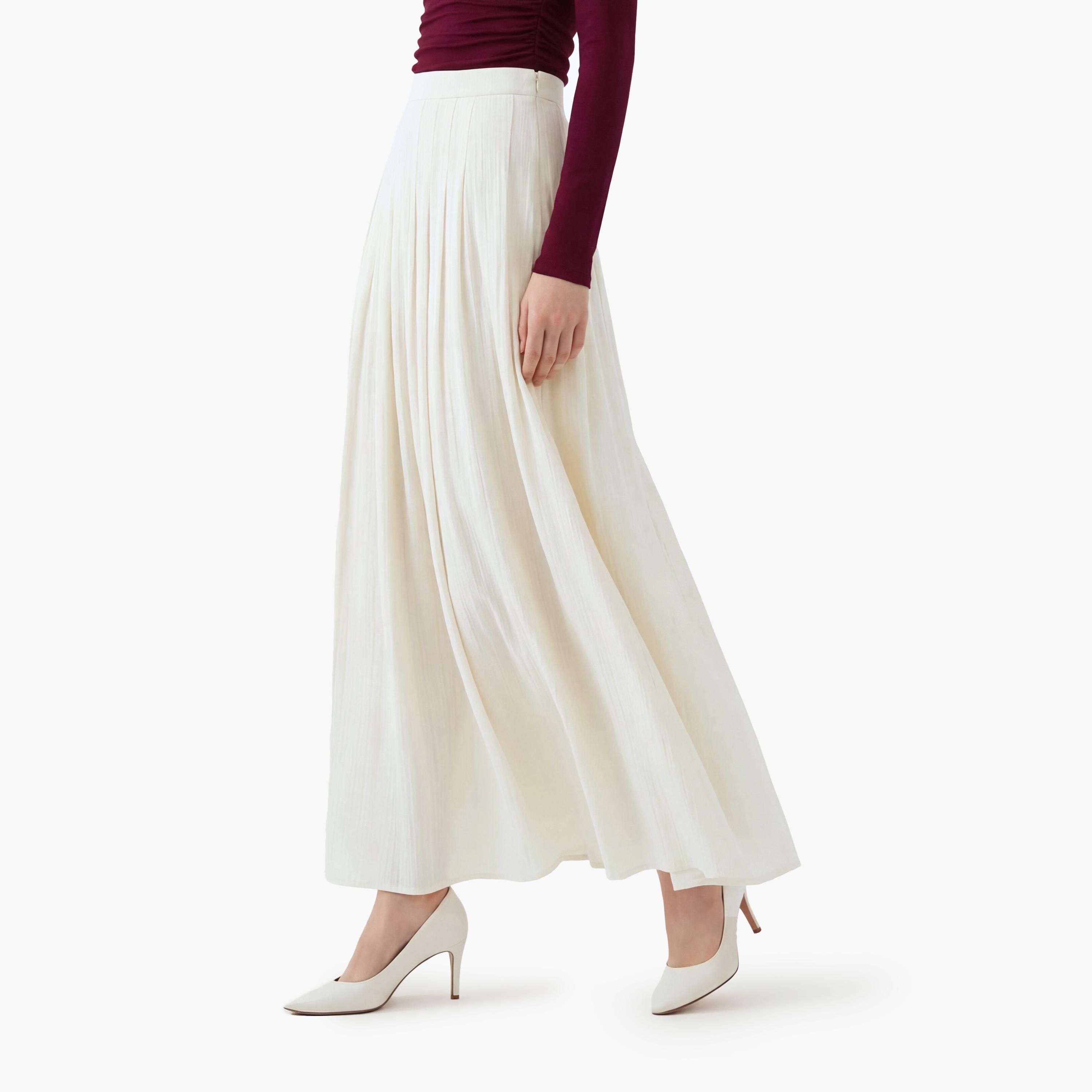 تنورة ماكسي نسائية بقصة كلوش من قماش بارز بلون كريمي من كوتون-women-clothing-bottoms-skirts-image-3