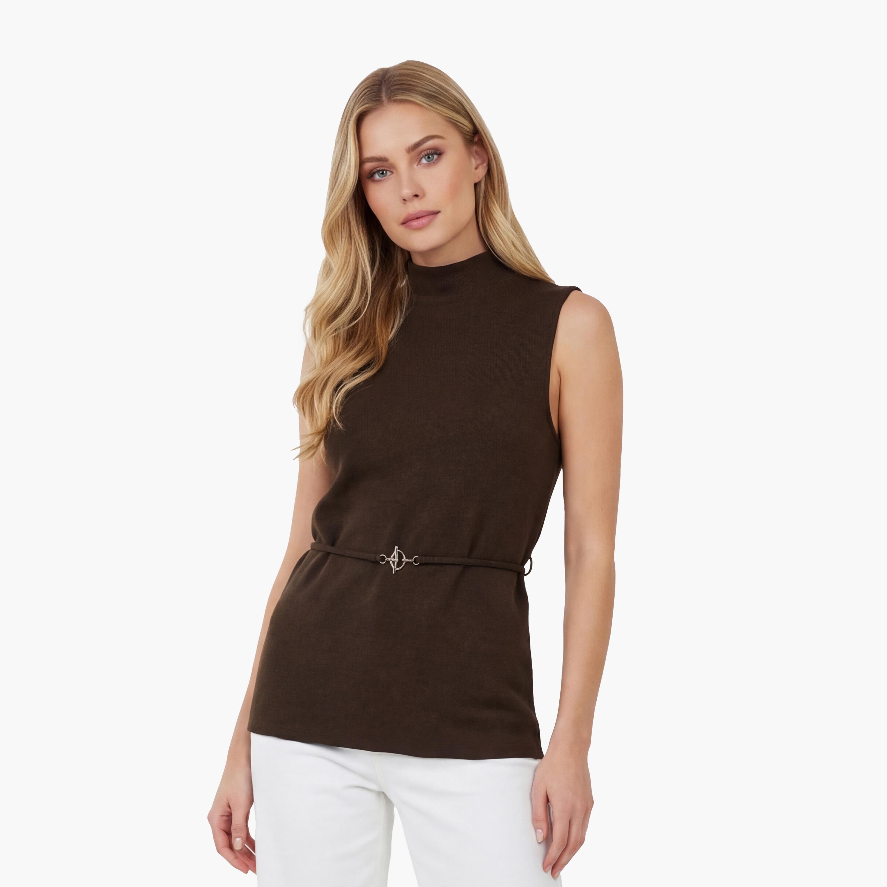 بلوزة نسائية بنية اللون برقبة عالية من كوتون-women-clothing-shirtsandblouses-blouses-image-1