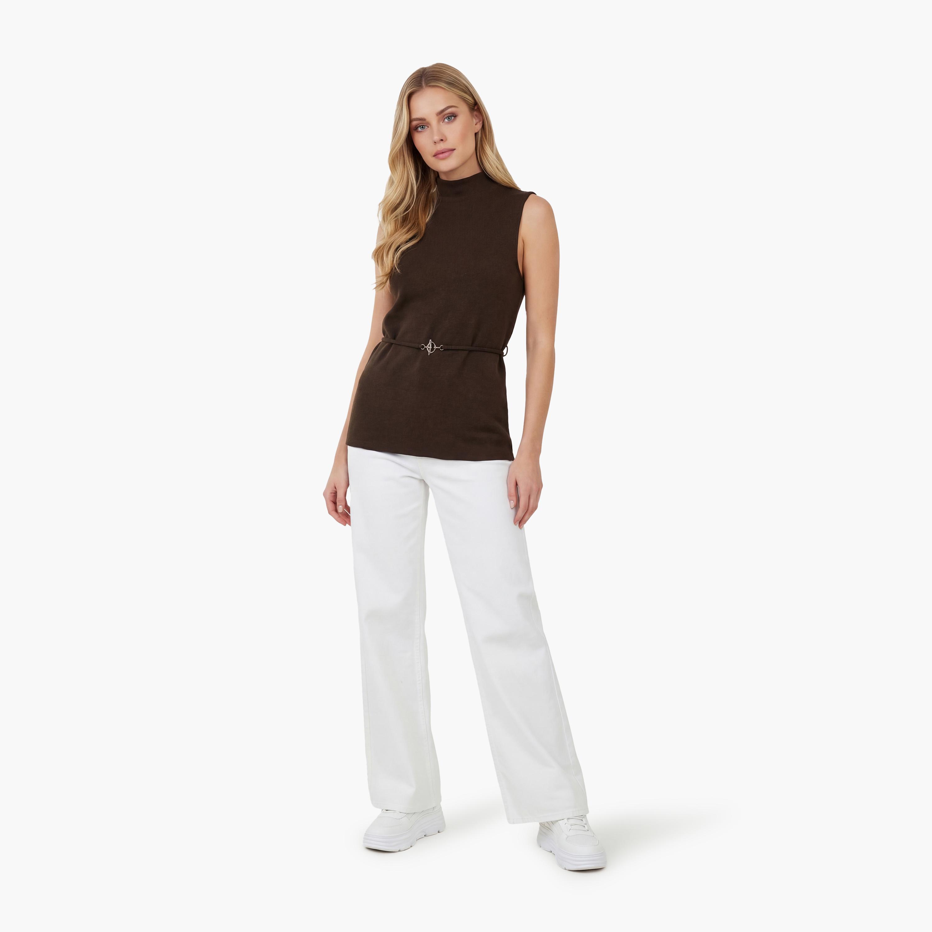 بلوزة نسائية بنية اللون برقبة عالية من كوتون-women-clothing-shirtsandblouses-blouses-image-2