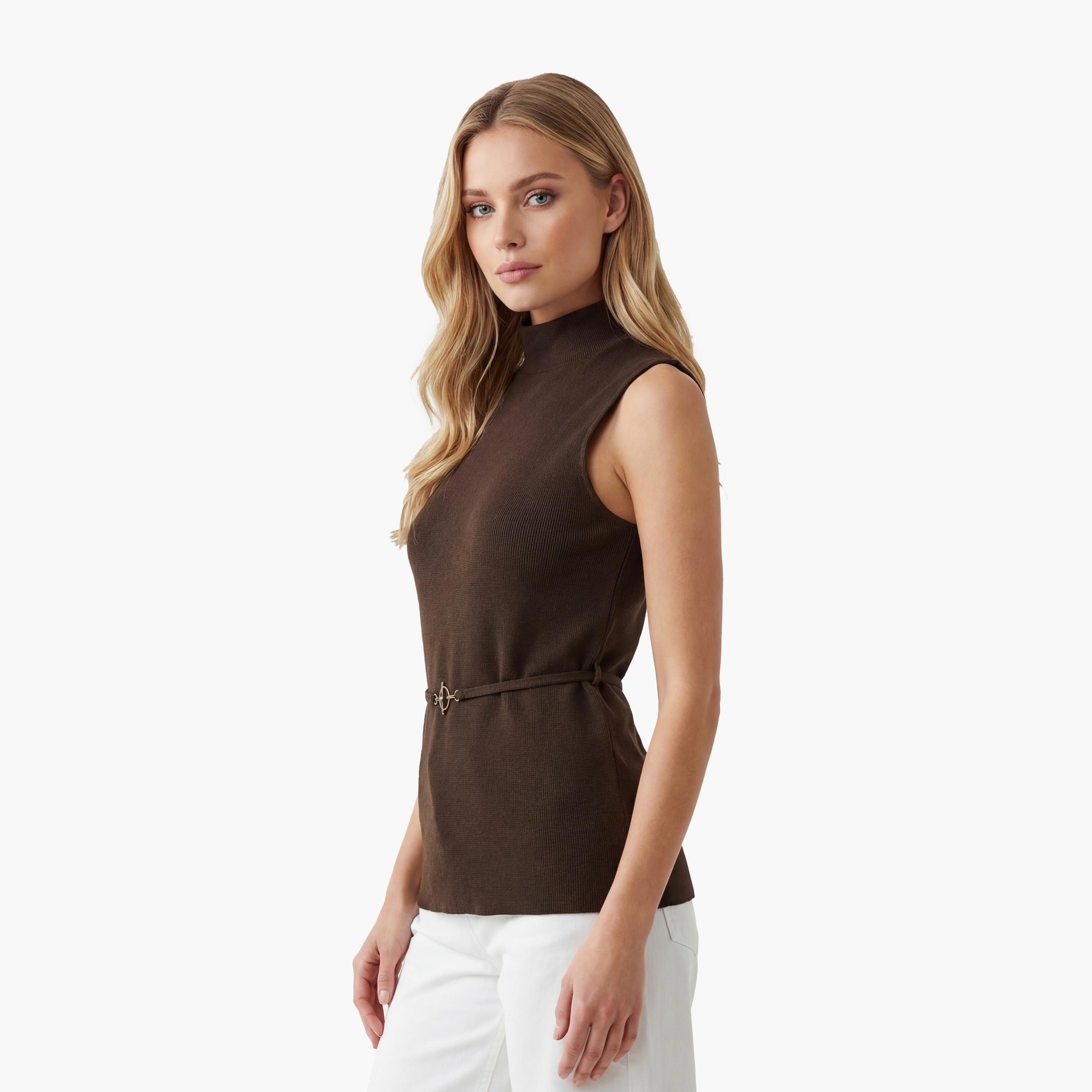 بلوزة نسائية بنية اللون برقبة عالية من كوتون-women-clothing-shirtsandblouses-blouses-image-3