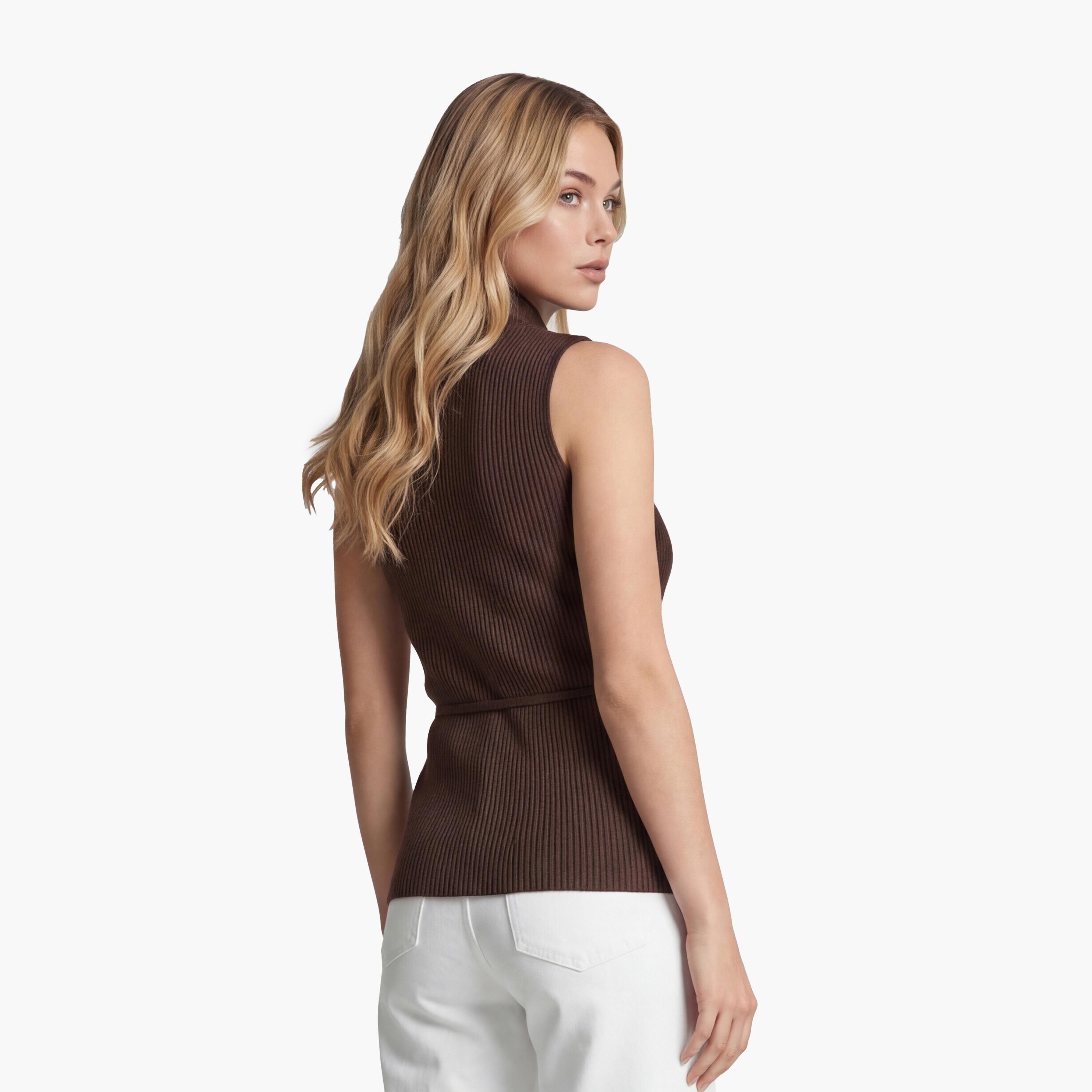 بلوزة نسائية بنية اللون برقبة عالية من كوتون-women-clothing-shirtsandblouses-blouses-image-4