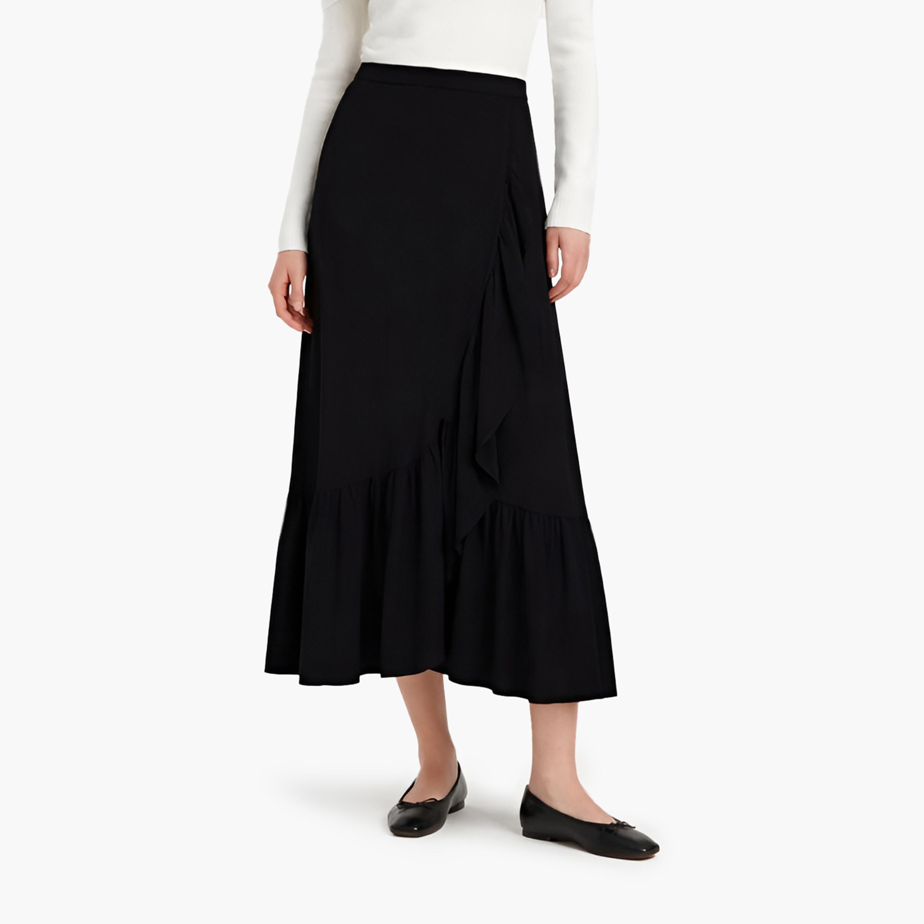 تنورة ميدي نسائية بتصميم طبقات بلون أسود من كوتون-women-clothing-bottoms-skirts-image-1
