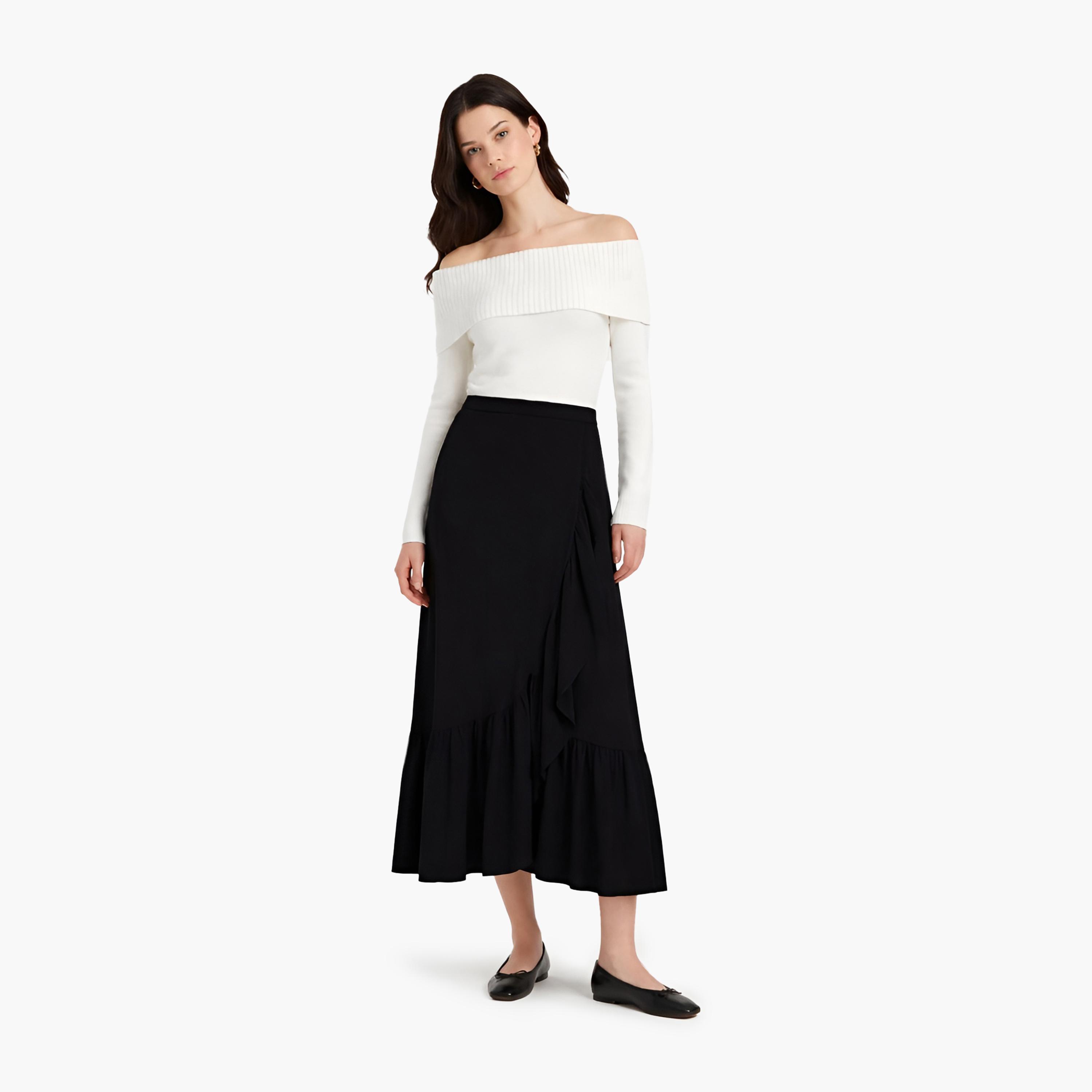 تنورة ميدي نسائية بتصميم طبقات بلون أسود من كوتون-women-clothing-bottoms-skirts-image-2