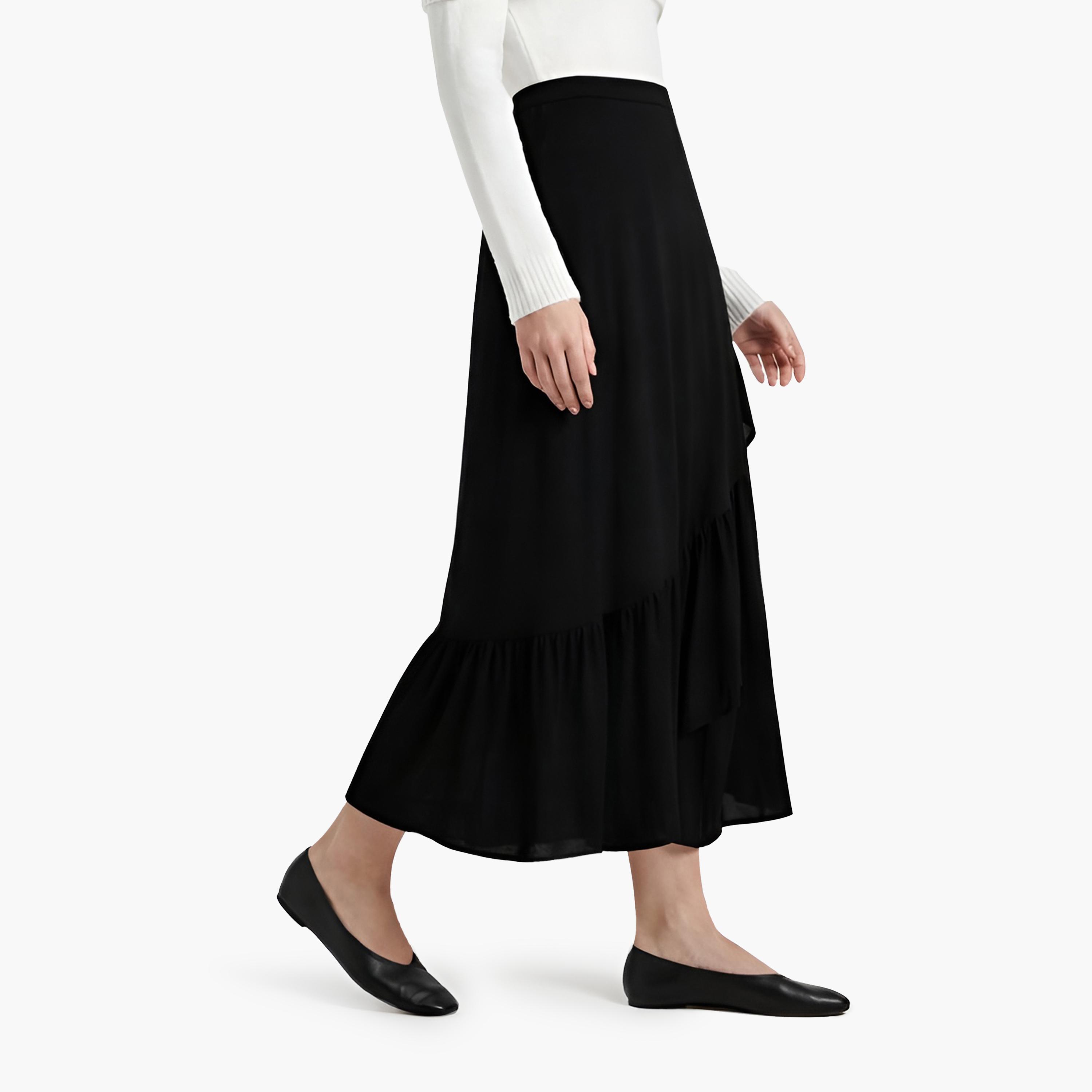 تنورة ميدي نسائية بتصميم طبقات بلون أسود من كوتون-women-clothing-bottoms-skirts-image-3