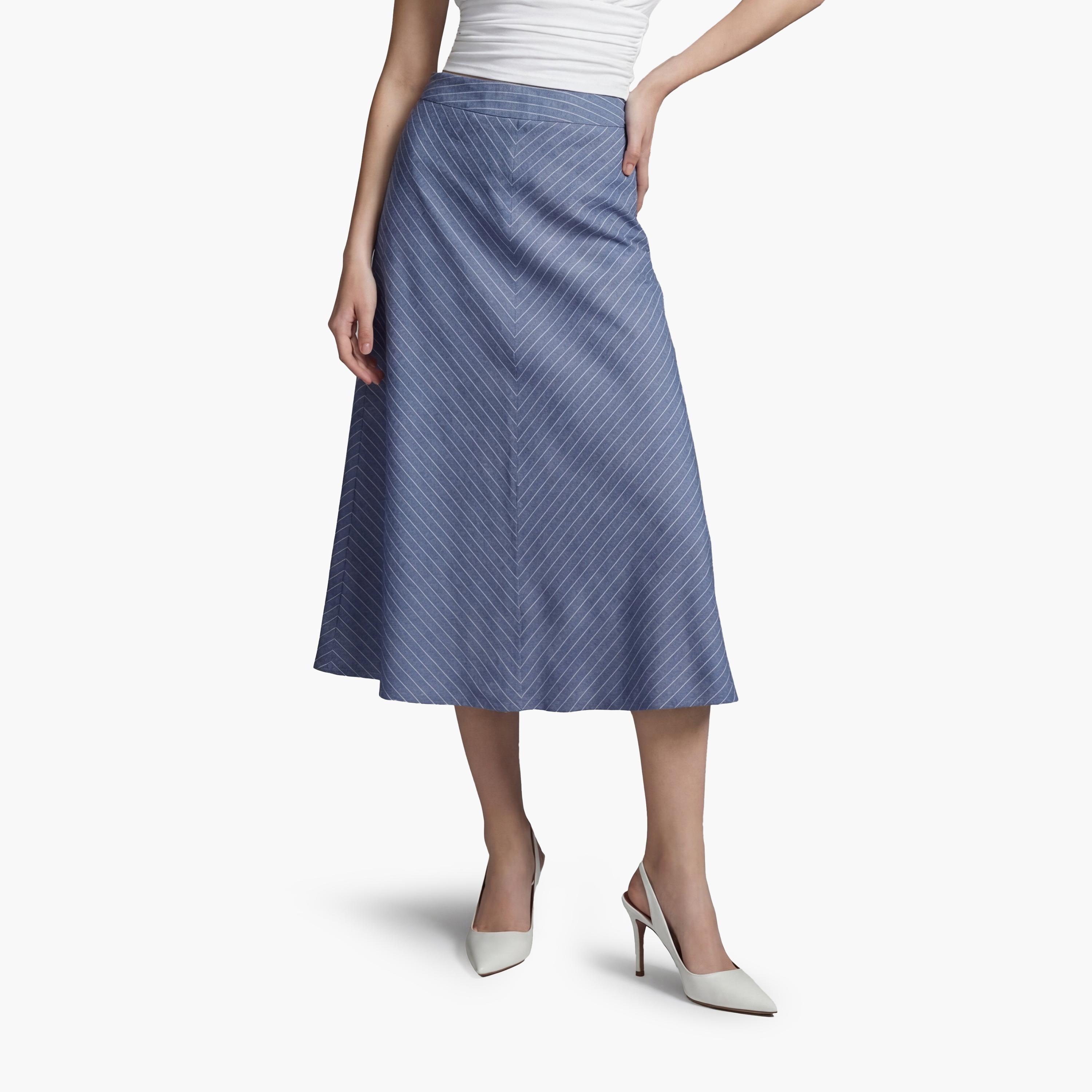 تنورة ميدي نسائية قصة "ايه-لاين" بتصميم مخطط بلون أزرق من كوتون-women-clothing-bottoms-skirts-image-1