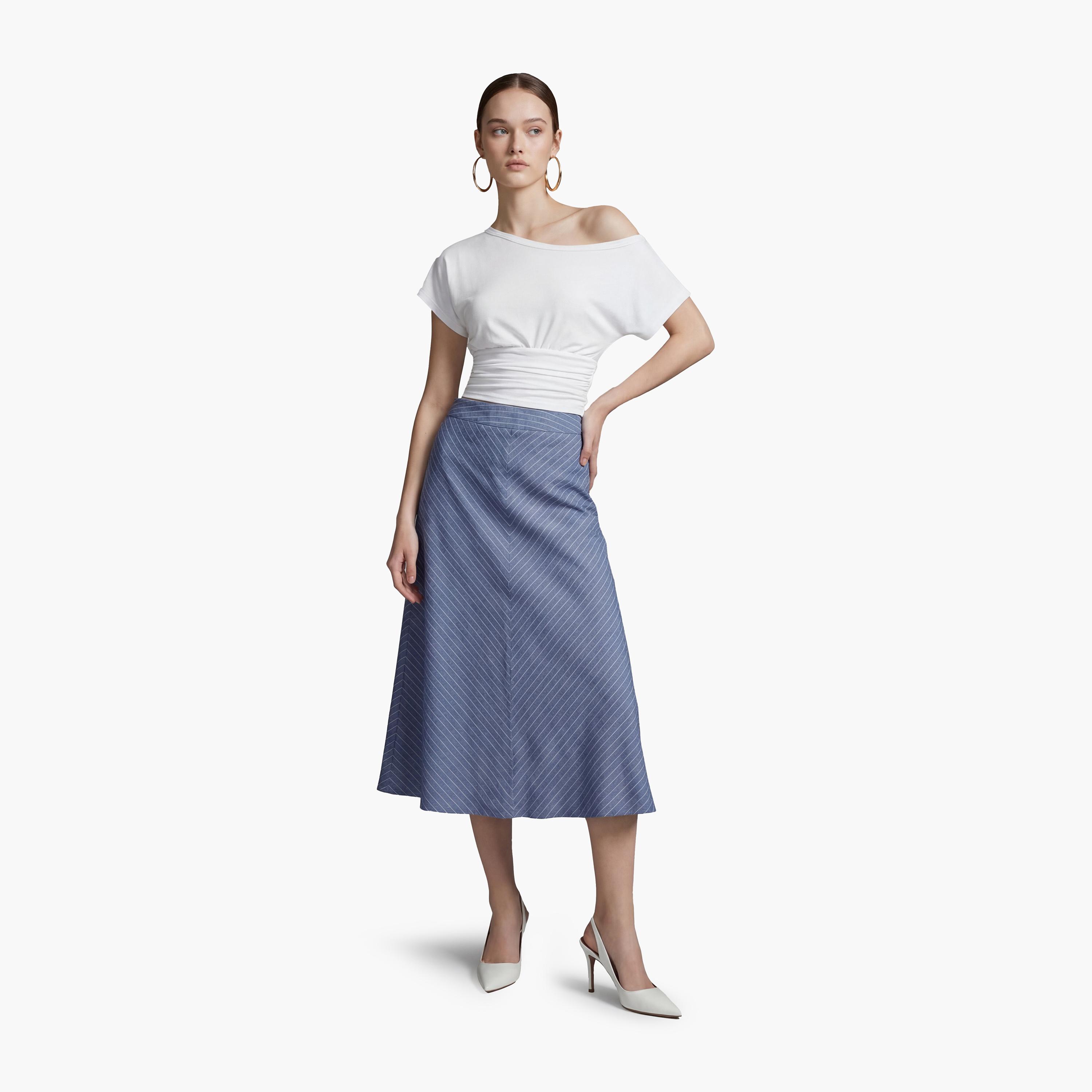 تنورة ميدي نسائية قصة "ايه-لاين" بتصميم مخطط بلون أزرق من كوتون-women-clothing-bottoms-skirts-image-2