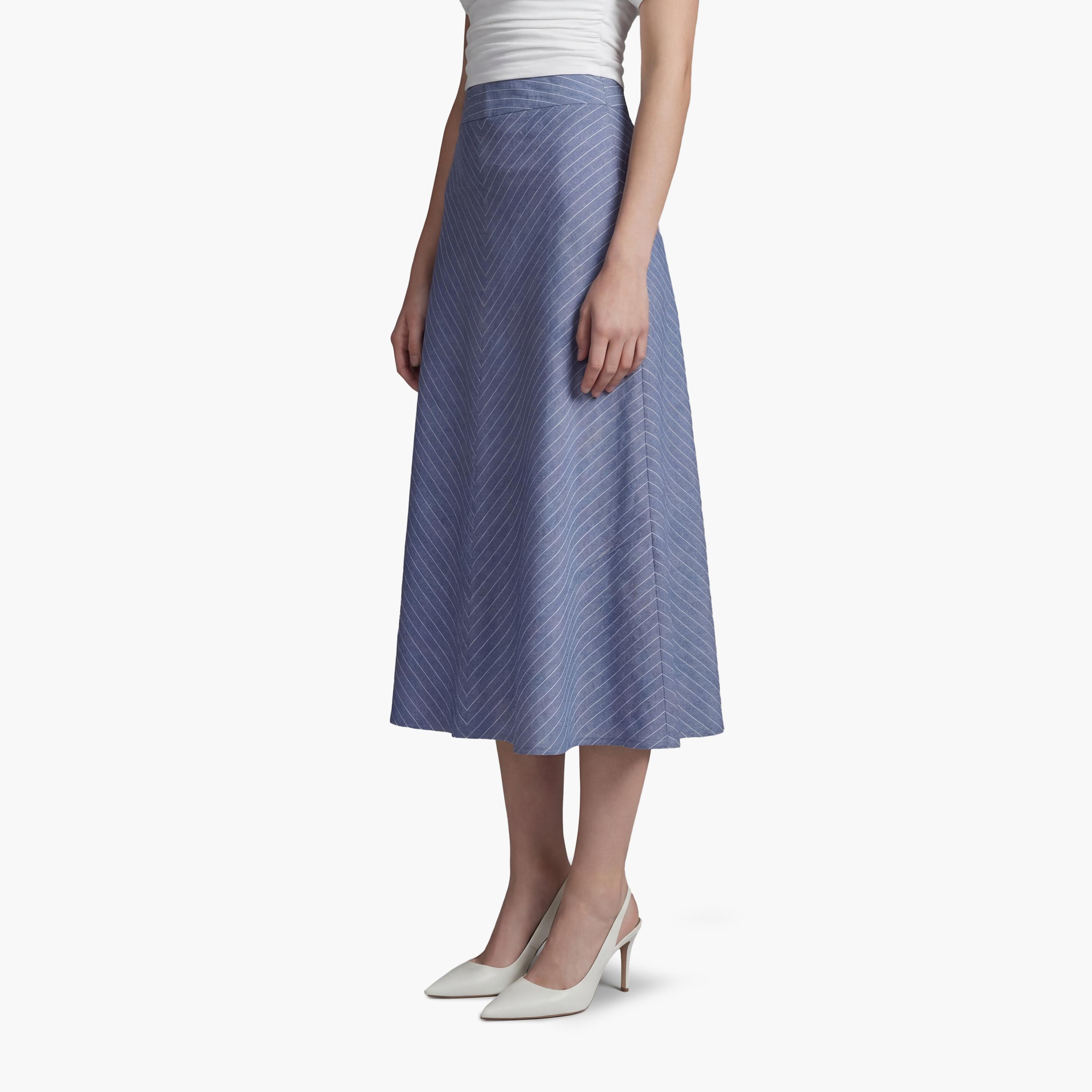 تنورة ميدي نسائية قصة "ايه-لاين" بتصميم مخطط بلون أزرق من كوتون-women-clothing-bottoms-skirts-image-3