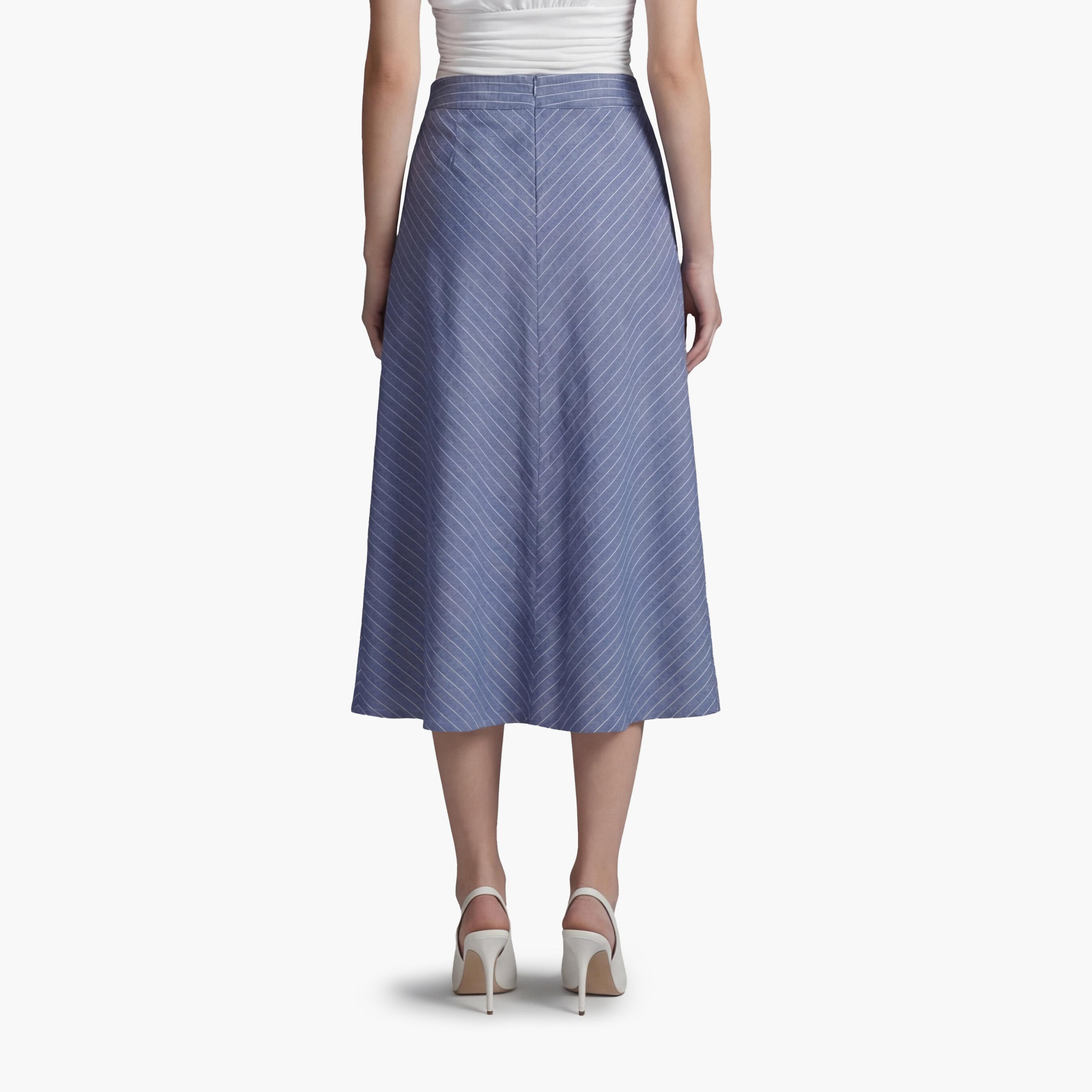 تنورة ميدي نسائية قصة "ايه-لاين" بتصميم مخطط بلون أزرق من كوتون-women-clothing-bottoms-skirts-image-4