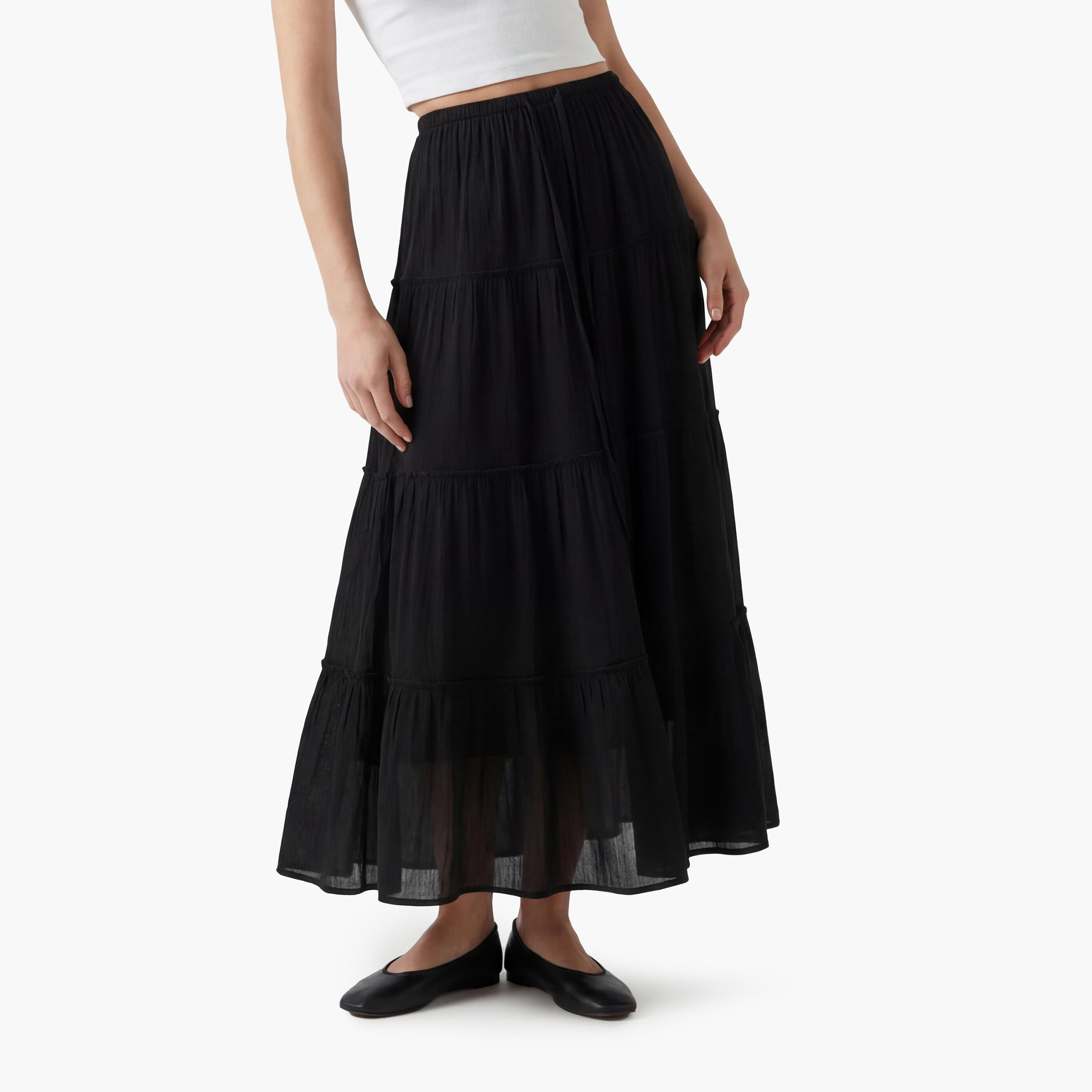تنورة ماكسي نسائية بتصميم طبقات بلون أسود من كوتون-women-clothing-bottoms-skirts-image-1