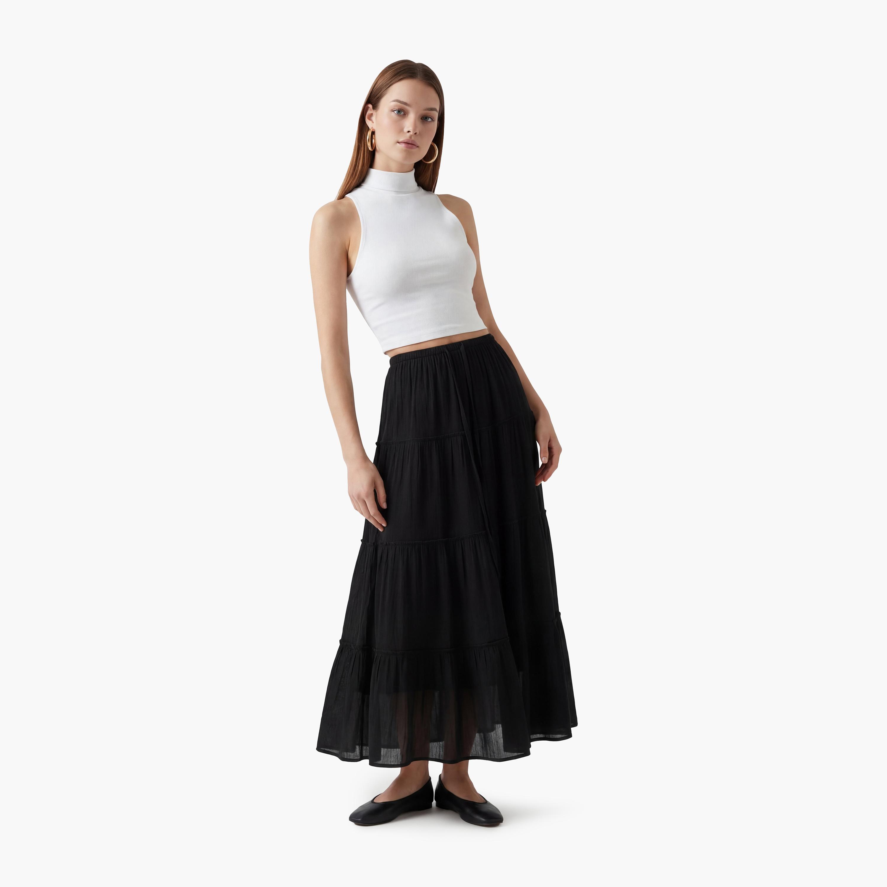 تنورة ماكسي نسائية بتصميم طبقات بلون أسود من كوتون-women-clothing-bottoms-skirts-image-2